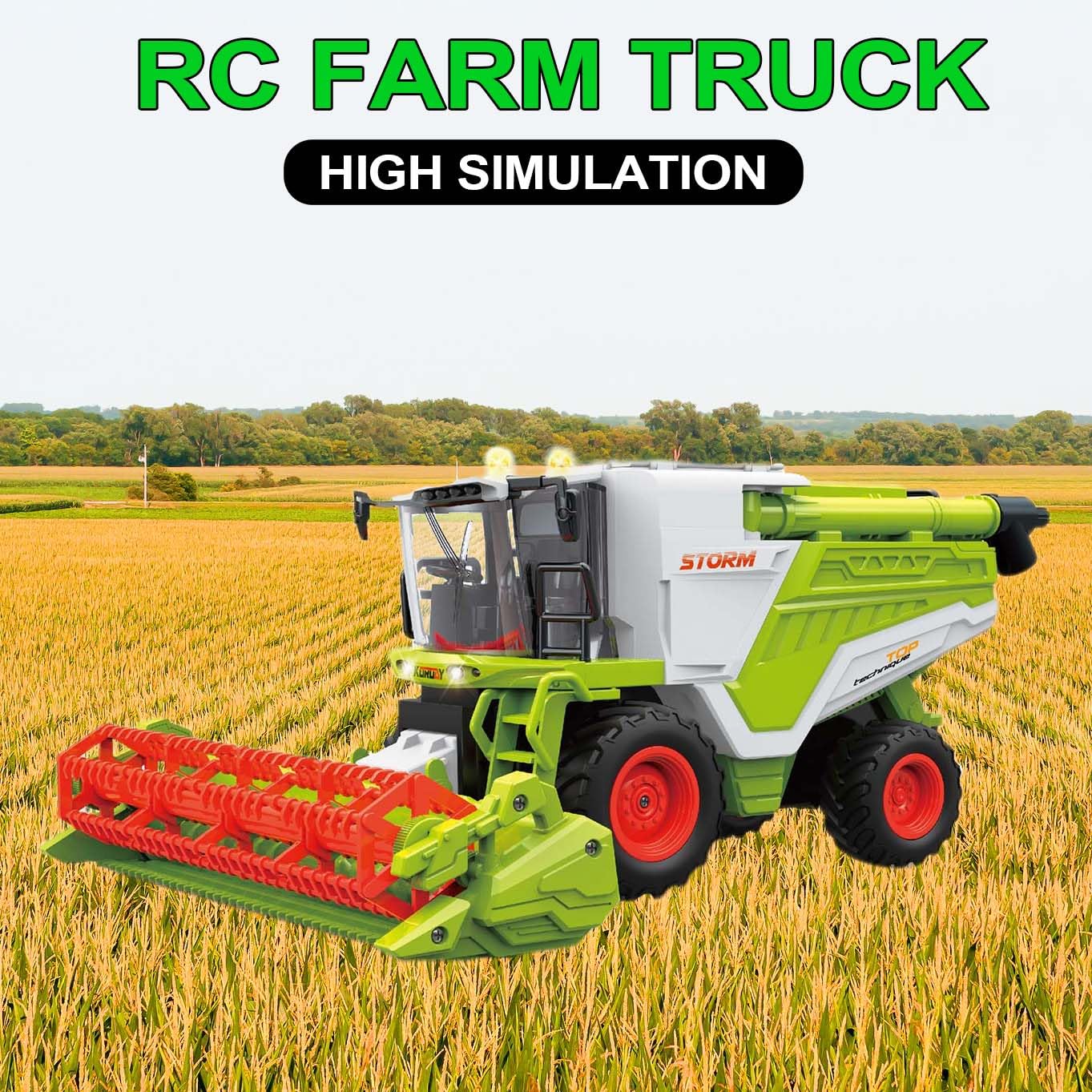 KNACKTOYZ RC Farm Tractor Toy for Kids, 2.4G Remote Control Combine Harvester Truck with Sounds, Lights & Spray, 1:24 High Simulation Toddlers Vehicle Toys, Christmas Birthday Gift for Boys Girls 3-8