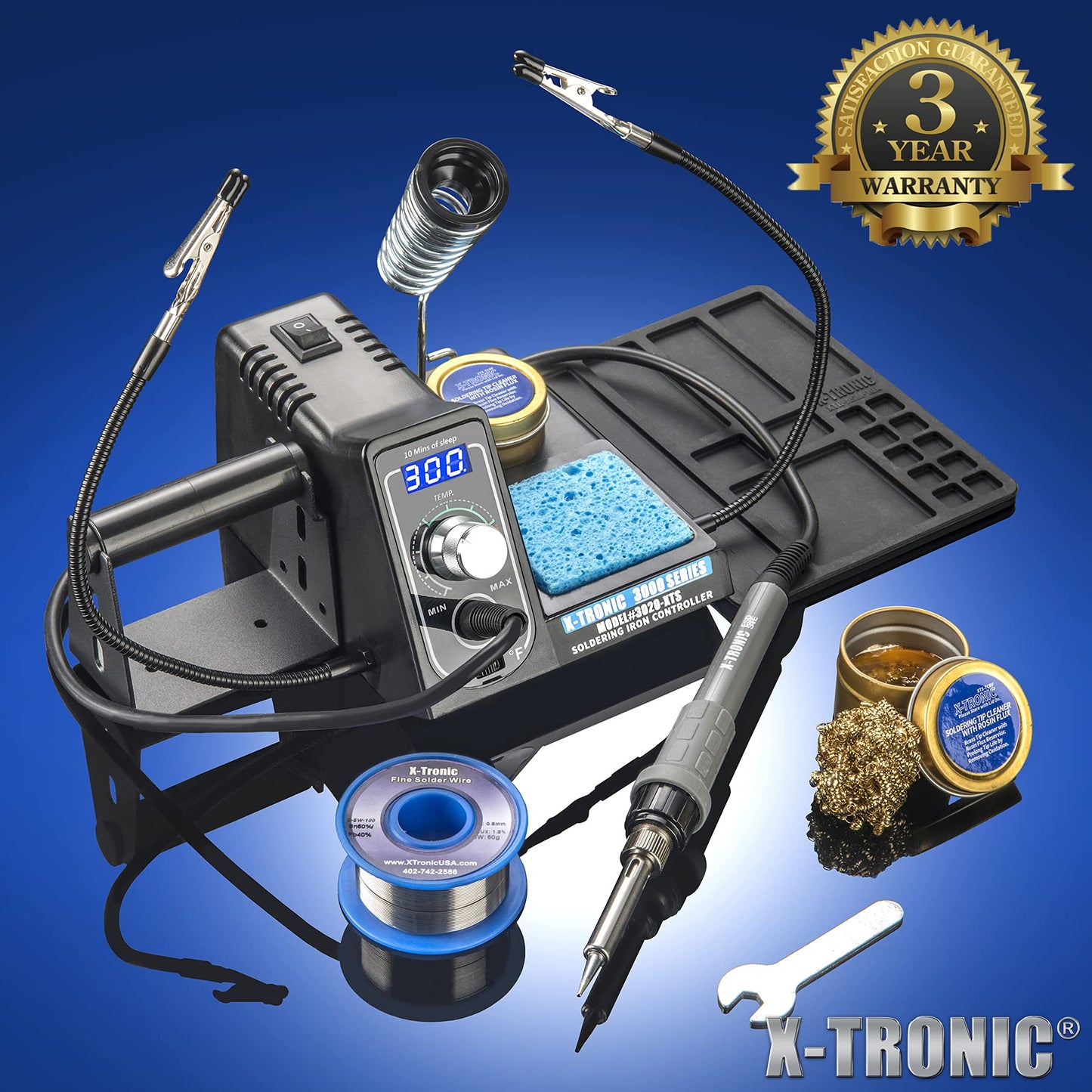 The Original X-Tronic 3020-XTS • 75W Soldering Iron Station • LED • 2 Helping Hands • Roll of Solder • Brass Sponge w/Cleaning Flux • Wet Sponge • °C/°F Conversion Switch • 10 Minute Sleep Feature!