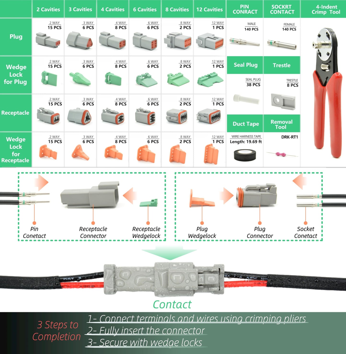 ALFOCI 482 PCS DT Deustch Connector Kit, 2 3 4 6 8 12 Pin Waterproof Automotive Electrical Connectors, Including Deutsch Crimping Tool, Removal Tool, 16# Solid Contacts