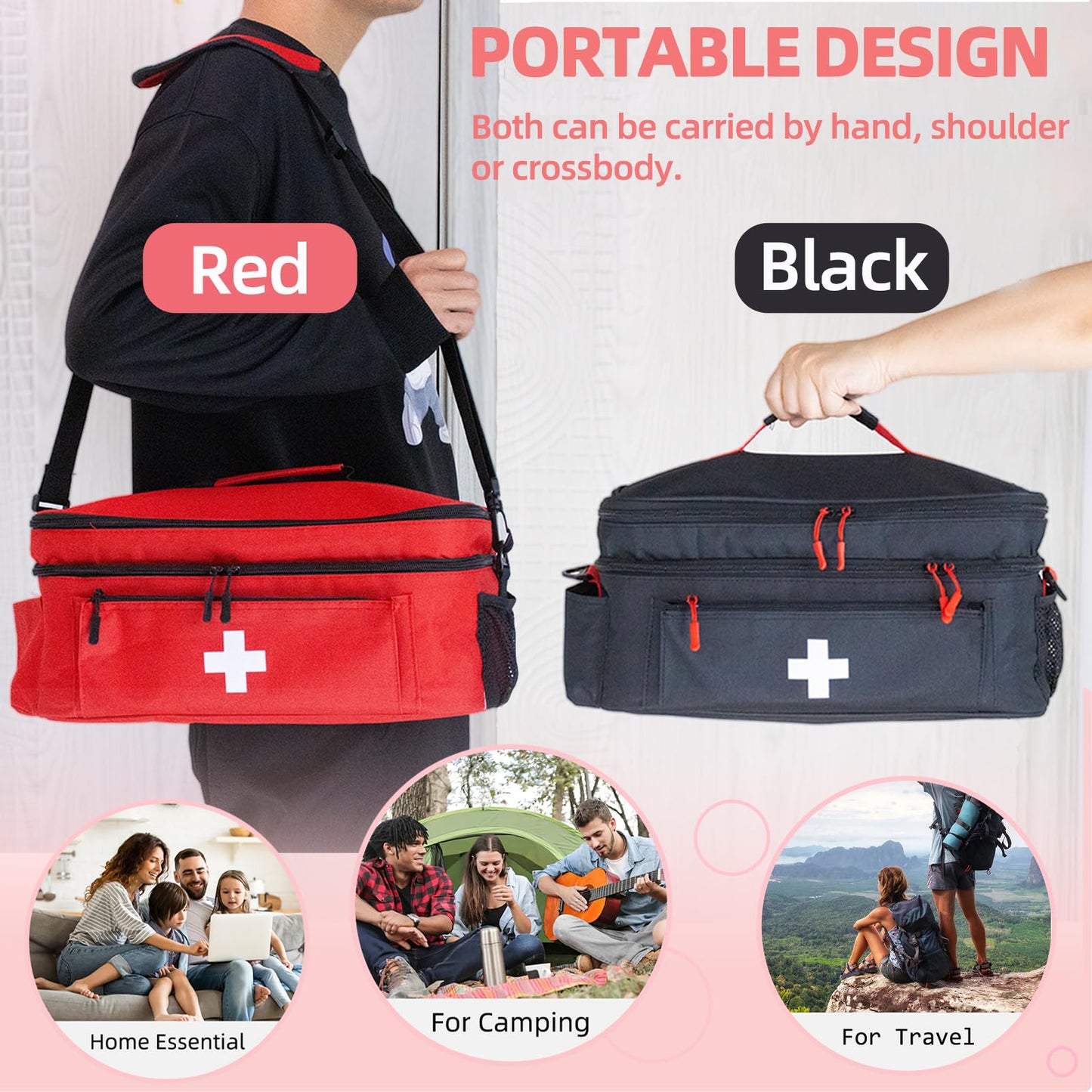 ALSLEA First Aid Bag Empty Large Medical Bag with Shoulder Strap 16”x 9½” x 7” Medicine Organizer Box Travel First Aid kit Emergency Supplies Storage Bag for Car, Home, Office, Outdoor (Red)