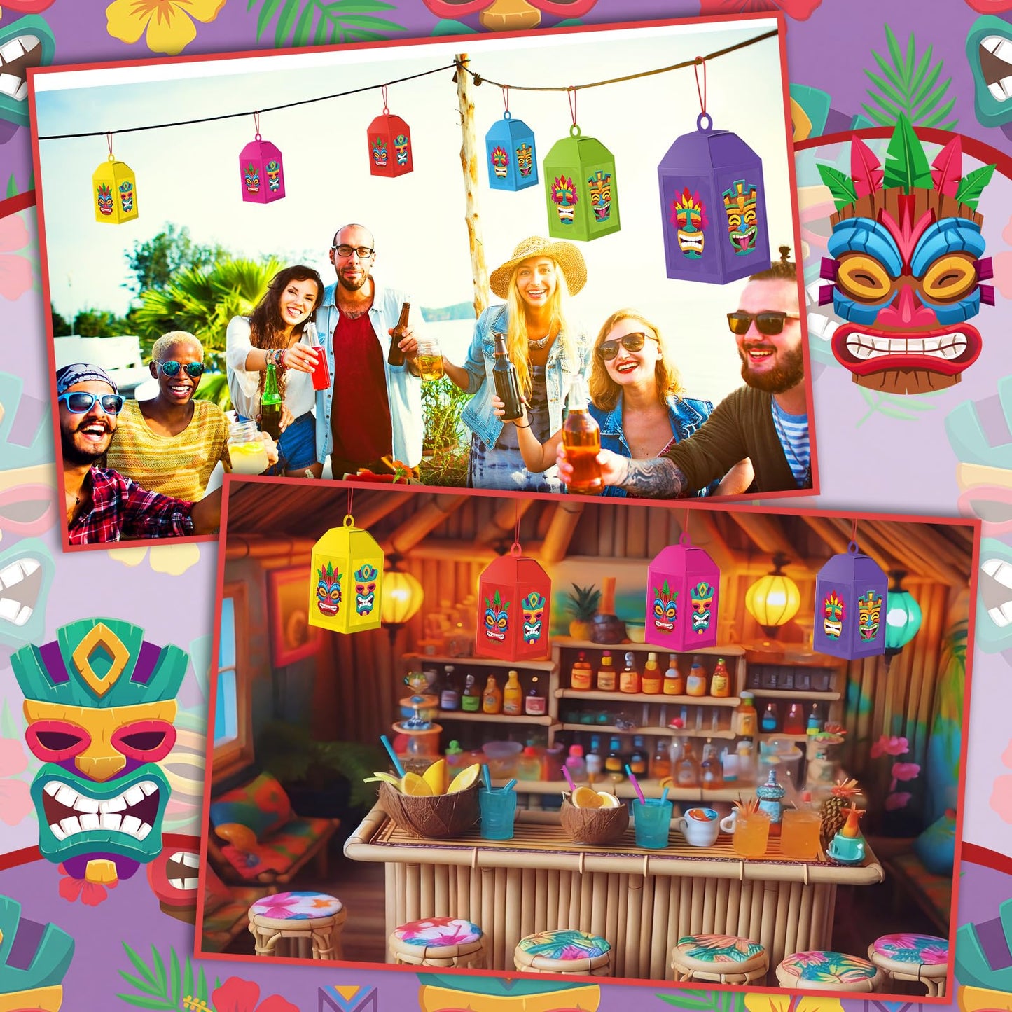 Simgoing 24 Sets Tiki Crafts with LED Candle Light Hawaii Party Decors Tiki Tissue Paper Crafts Kits DIY Your Own Tropical Totem Box Lanterns Hanging for Home Summer Luau Themed Art Party Decorations