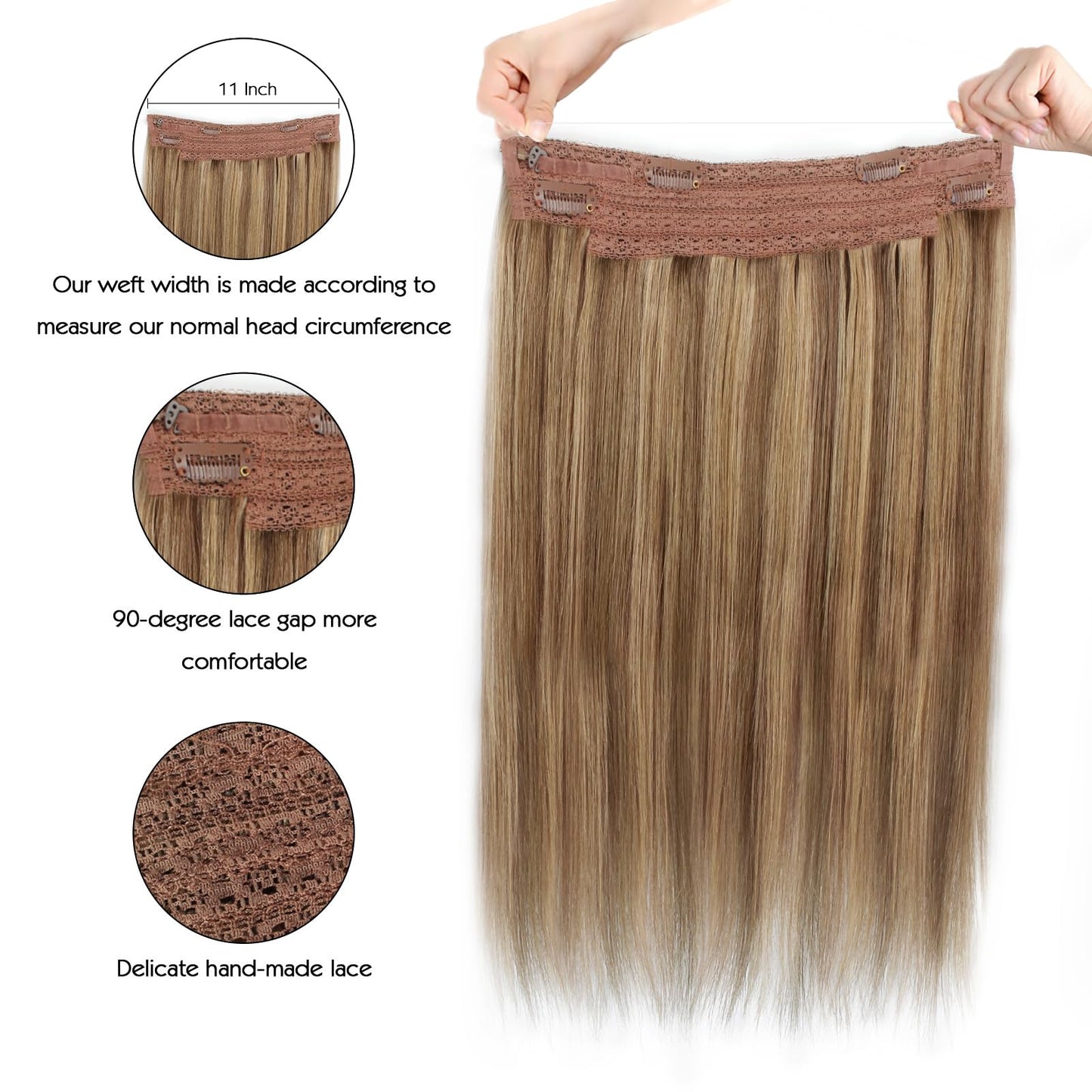 Sassina Invisible Wire Hair Extensions Real Human Hair with Transparent Wire Adjustable Size Secure Clips Natural Straight Secret Miracle Hairpiece, Highlight P6-12 18 Inch 80 Gram