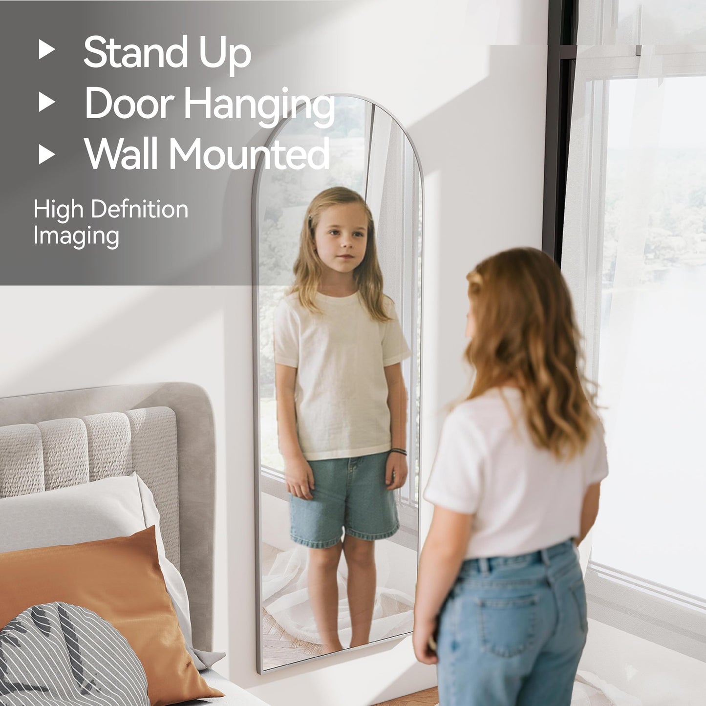SCWF-GZ 57x20 Door Hanging Full Length Mirror, Floor (Height 5.7ft just Body in1.3ft) or Wall Mounted Metal Frame Arch Dressing Mirrors for Bedroom Bathroom Living Room 57 20 inch Silver