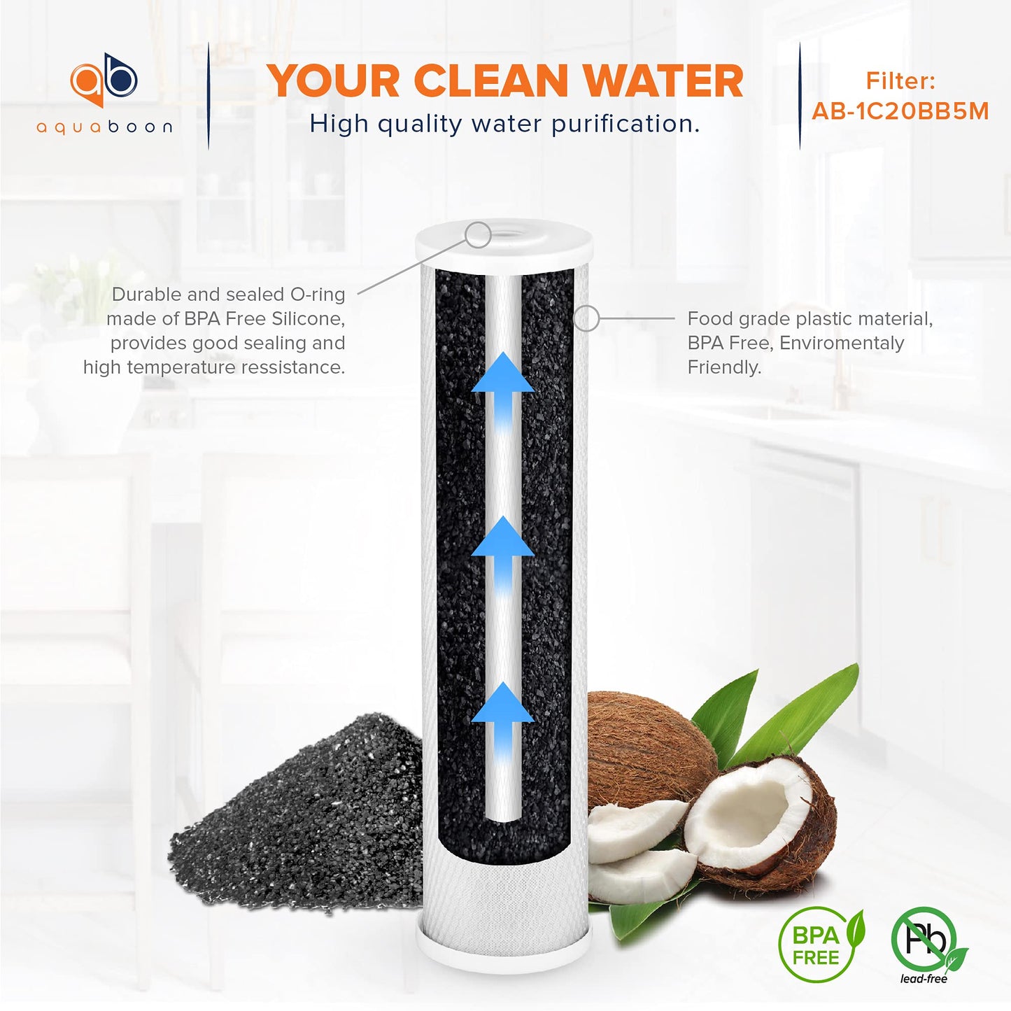 Aquaboon 4.5 x 20 Water Filter 5 Micron Carbon Block Water Filter Replacement Cartridge Large Capacity for Whole Home Water Filtration Compatible with Pelican Water PRL-RCL, Pentek EP-20BB (6 Pack)