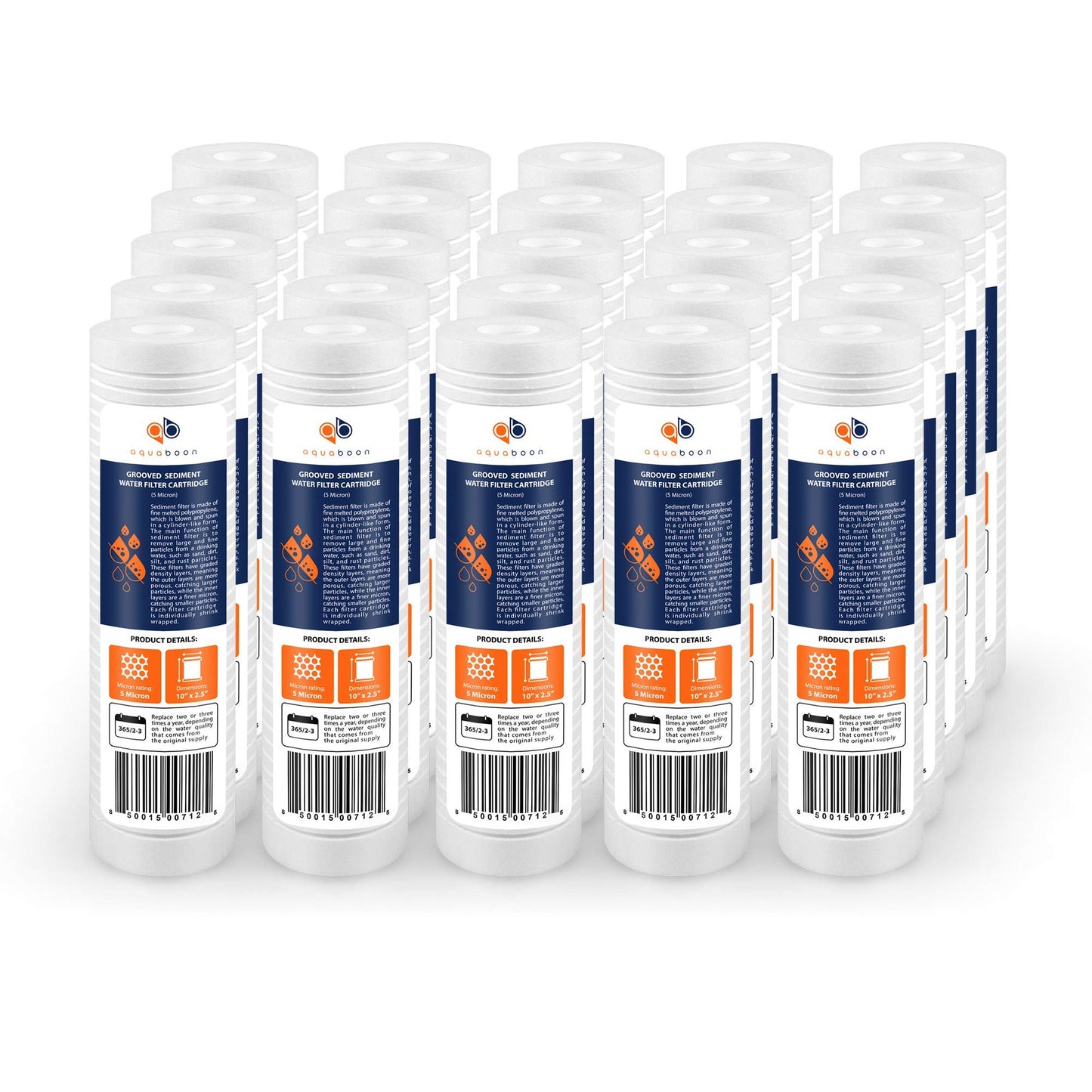 Aquaboon 5 Micron 10 x 2.5 Grooved Sediment Water Filter Replacement for Whole House Filter Cartridge Compatible with AP110, WHKF-GD05, CFS110, 25-Pack