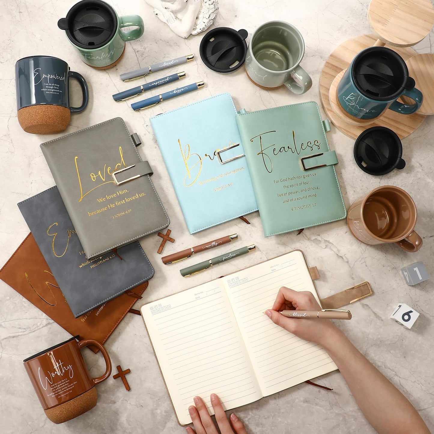 FillTouch 6 Set Fathers Day Christian Gifts for Men,Religious Church Gifts Bulk A5 Christian Journal Notebook 15 oz Bible Verse Ceramic Coffee Mug Pen Set for Office Supplies (Light Color,Classic)