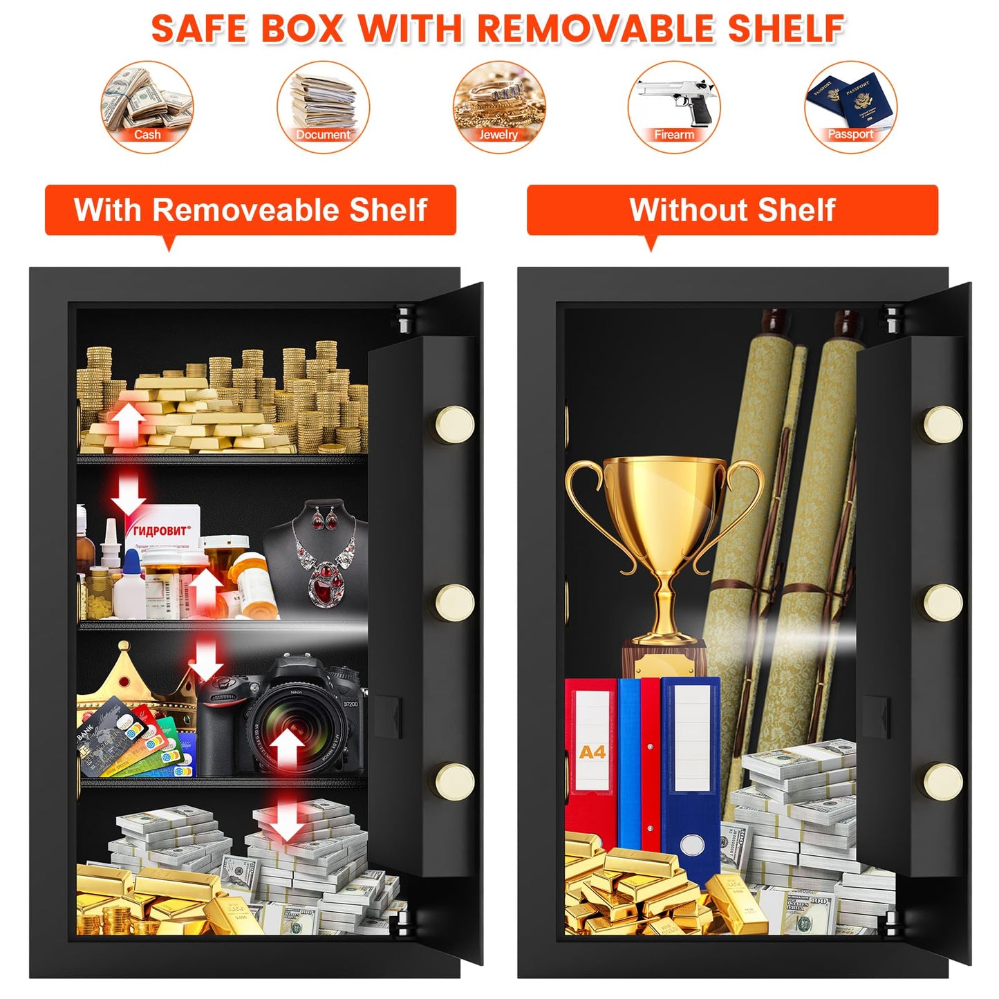 4.5 Cubic Large Fireproof Safe Box with Fireproof Document Bag, Personal Security Home Safe with 3 Removable Shelf, Anti-Theft Lock Box for Documents Money Jewelry Valuables