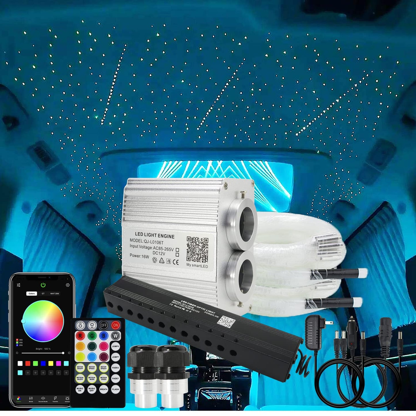 AKEPO Upgraded 16W Dual Head+Twinkle+Shooting Star Fiber Optic Lights Kit, Car Home Use RGBW Star Ceiling Sky Light APP Meteor Music Activated Light Engine+ 920pcs of Mixed Diameter Fibers 9.8ft/3m