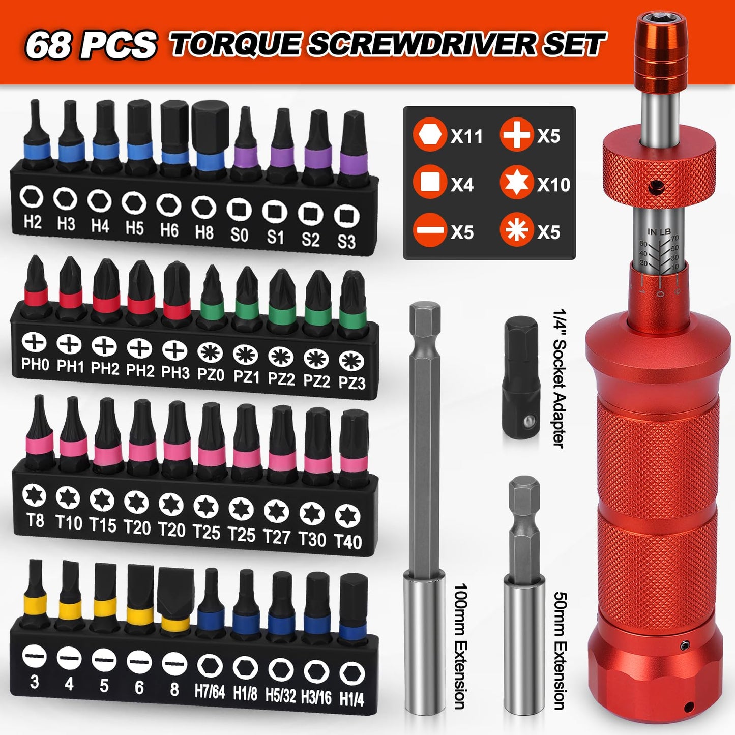 68Pcs Torque Screwdriver Wrench Set 10-70 IN.LB, Inch Pound Torque Driver with S2 Steel Bits, 1/4" Drive, Magnetic Quick-Release Adapter for Bike Repair, Mounting and Maintenance