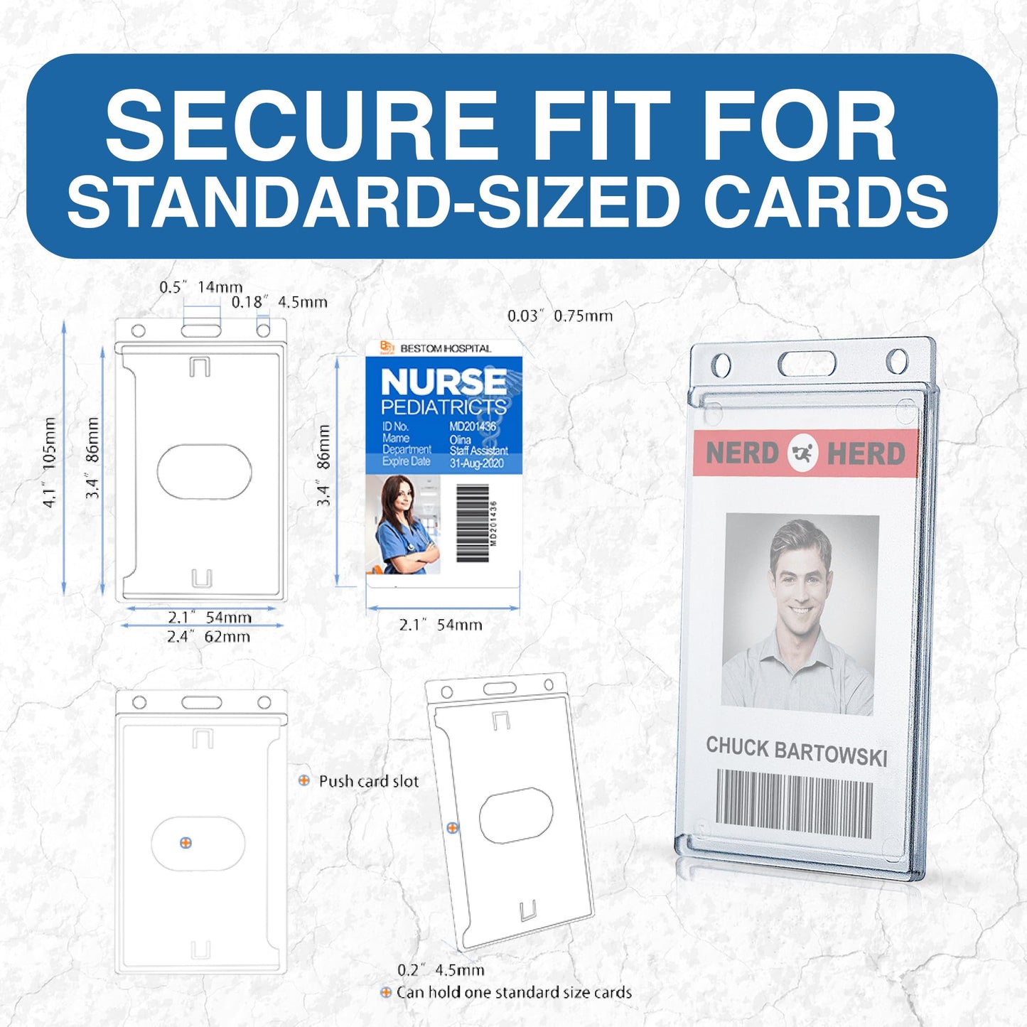 Bestom 50 Pack Frosted Clear Vertical Hard Plastic ID Card Holders- Rigid Plastic ID Card Protector Case W/Thumb Notch and Slot & Chain Holes for School Nurse Staff (50)