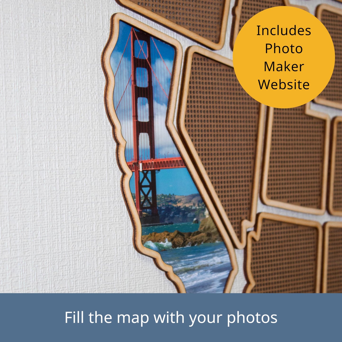 1DEA.me 3D Wooden USA Photo & Cross Stitch Wall Map - 3 in 1 - Includes Secure Photo Maker - 26 x 40 in - Easy to Use, Built to Last and Uniquely Yours