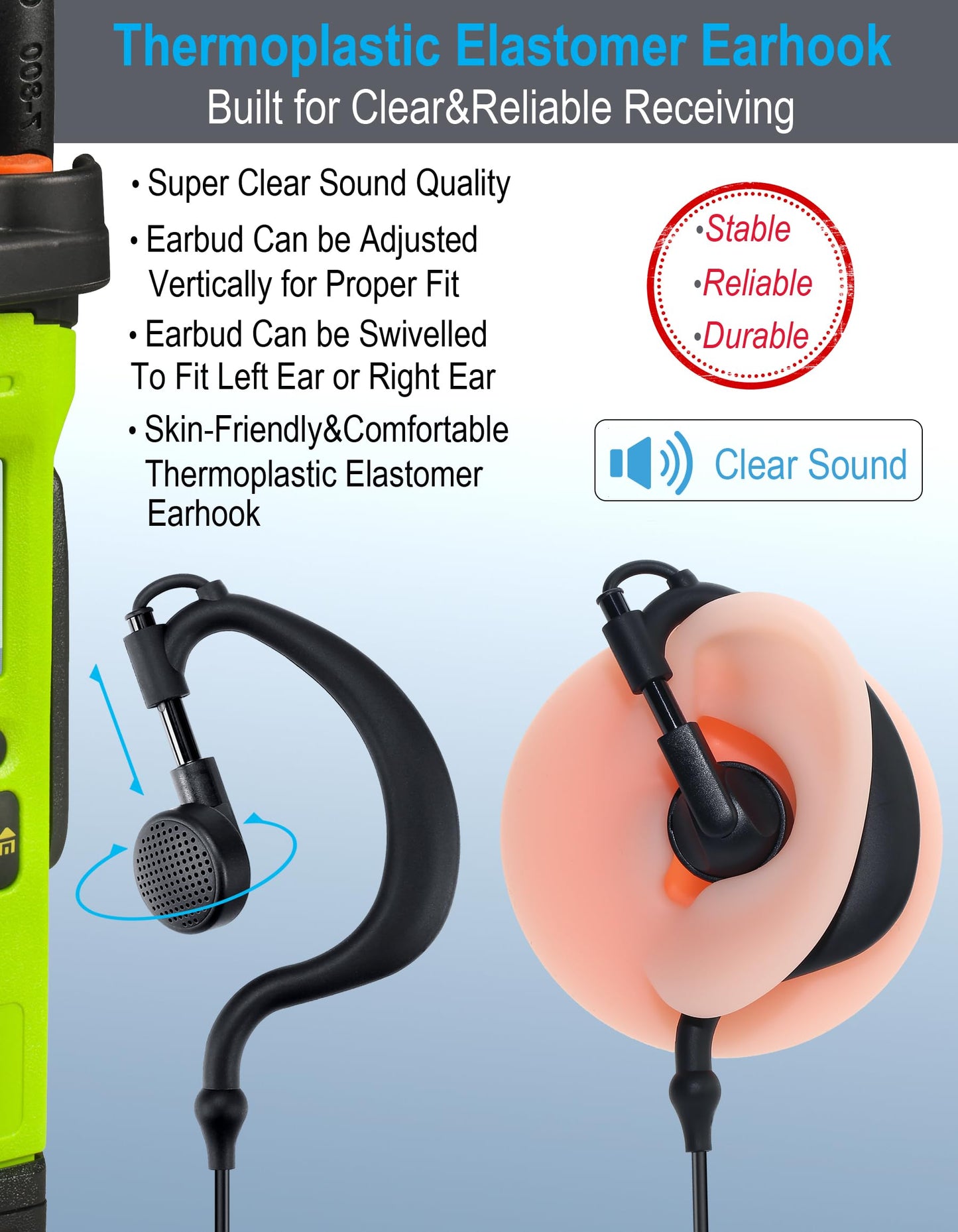 commountain CP200D CLS1410 Earpiece with PTT/Mic for Motorola Walkie Talkies Radios R2 CLS1110 CP100D CP200 CP185 BPR40 BPR40D DTR700 RDU4100 RDU4160D RMU2040 RMU2080D CLS CP, G Earhook Headset-5 Pack