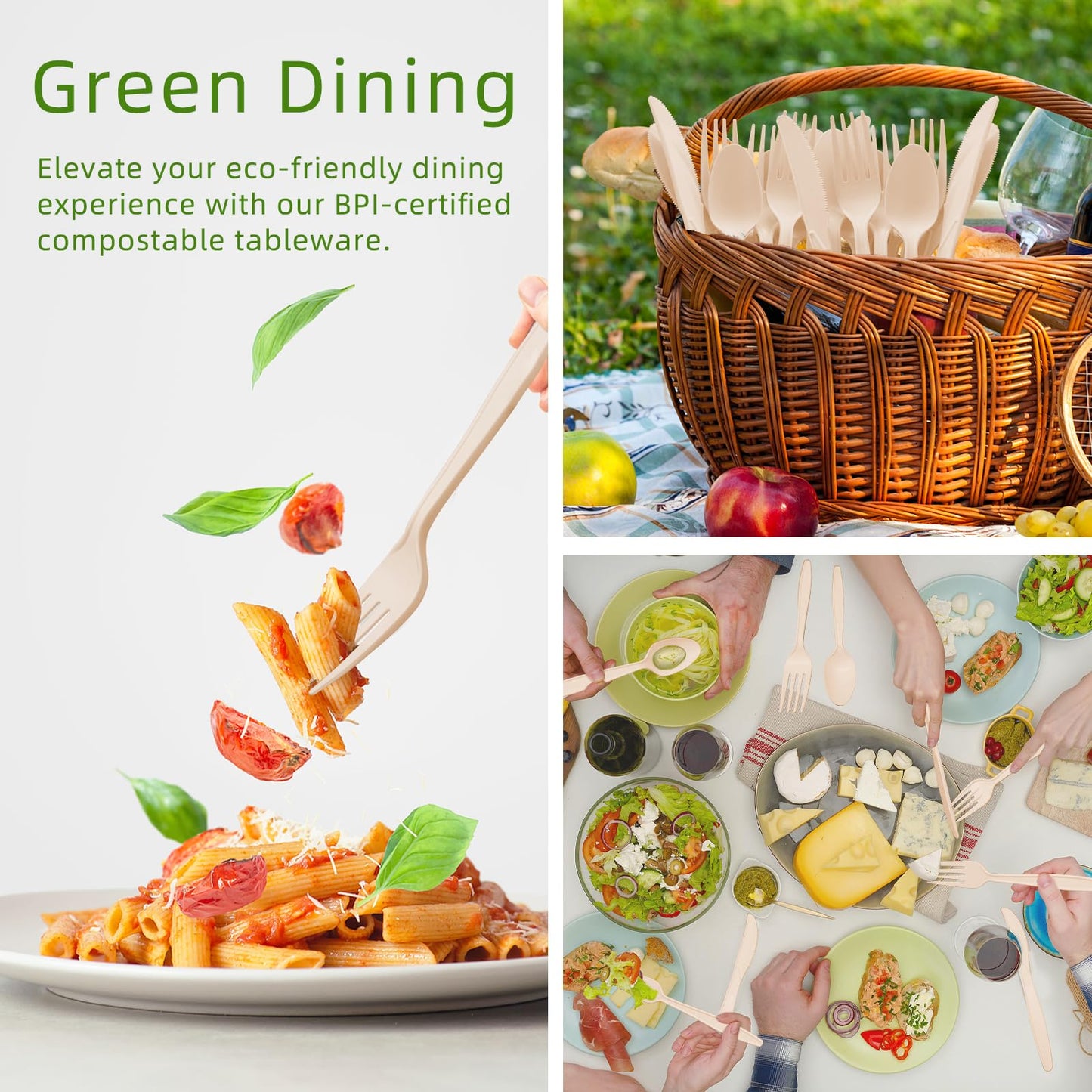 100% Compostable Silverware, Light Brown Plastic Silverware 100 Forks 100 Spoons 100 Knives, Compostable Utensils, No Plastic Utensil, Eco Friendly Disposable Cutlery for Party Office Wedding