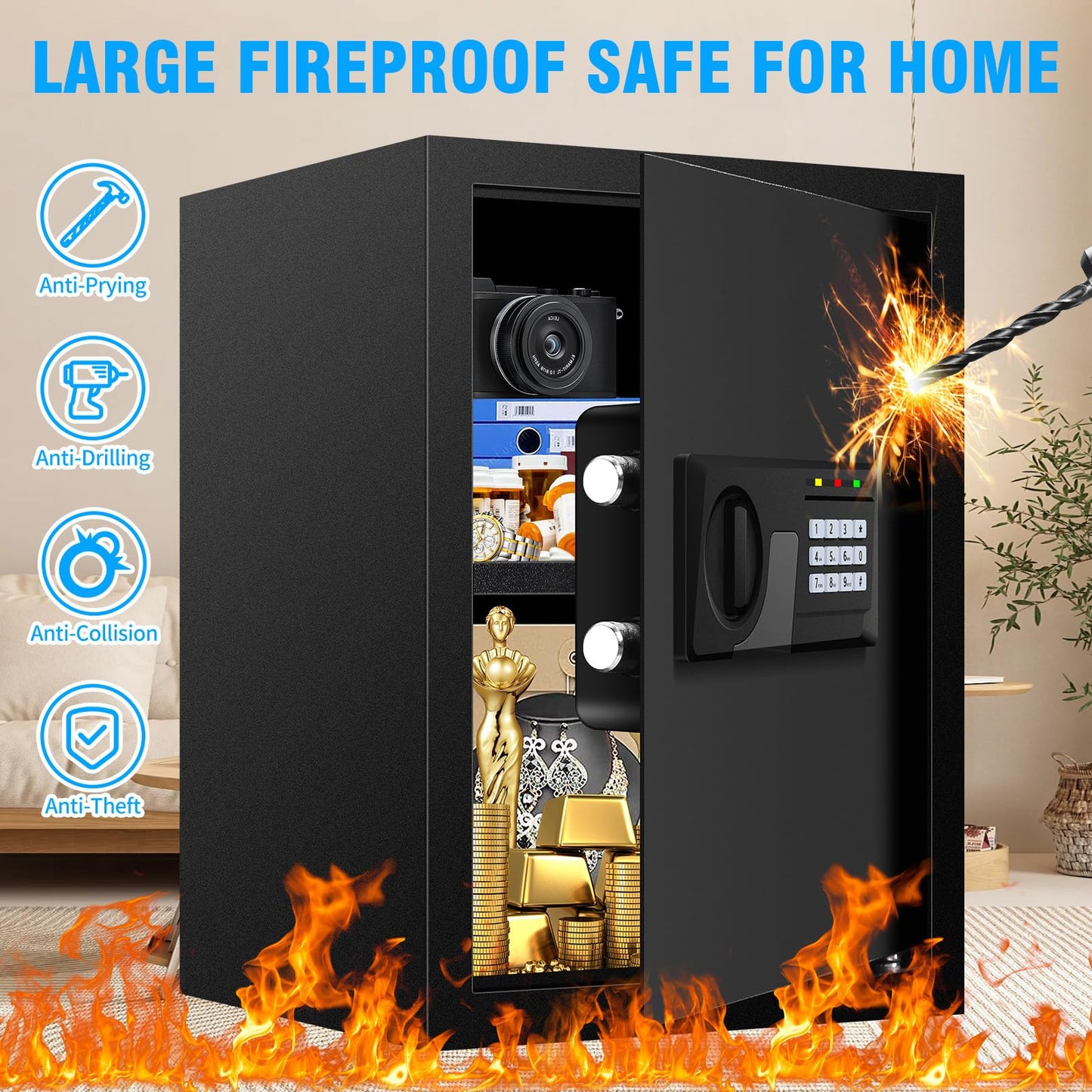 2.8 Cuft Large Fire Proof Safe for Home Documents, Digital Security Box with Key and Combination, Anti-Theft Fire Safety Box for Home Office, Document Safe for Money Firearm Medicine Valuables