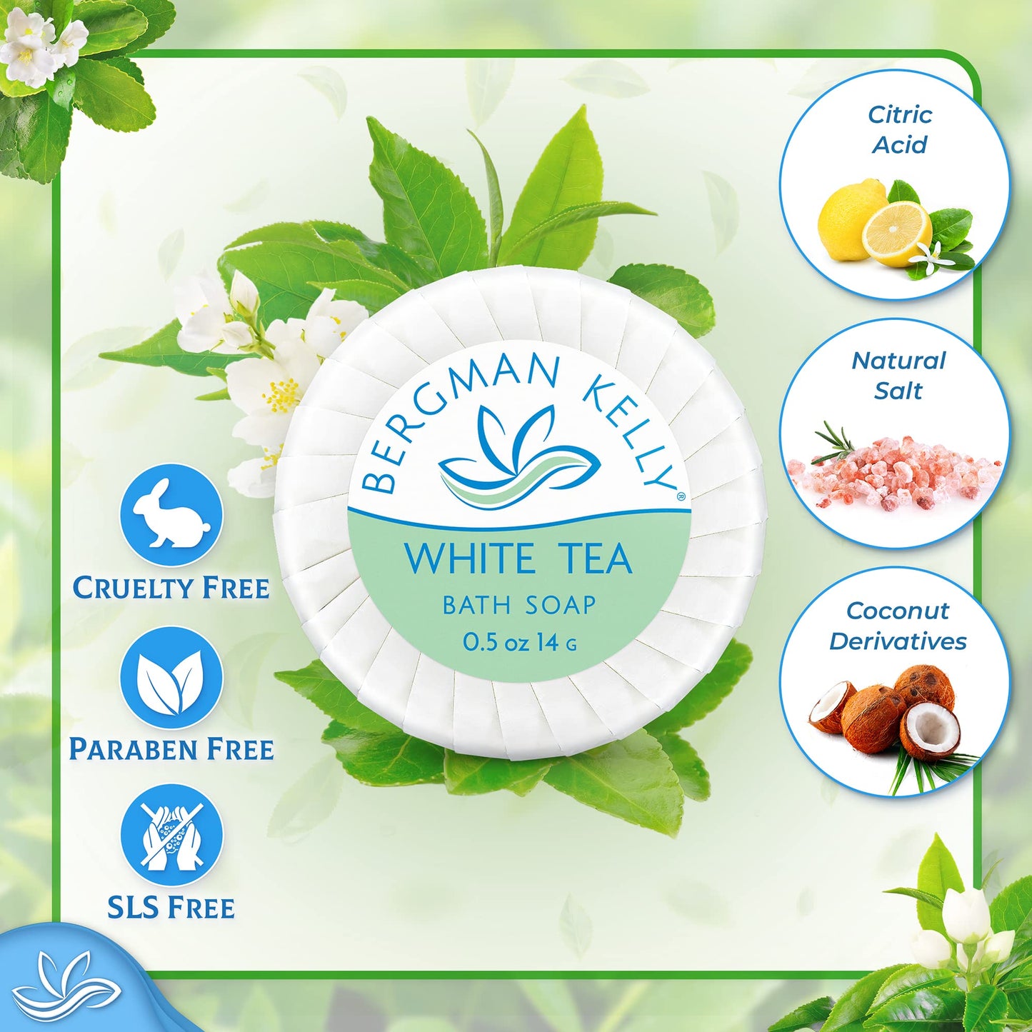 BERGMAN KELLY - Hotel Soap Bars - White Tea, 0.5 oz, 200 PK - Travel Size Luxury Bulk Amenities Bar Soap, Mini Individually Wrapped Round Soap - Small Toiletries for Airbnb, Motel, Guest Bathroom