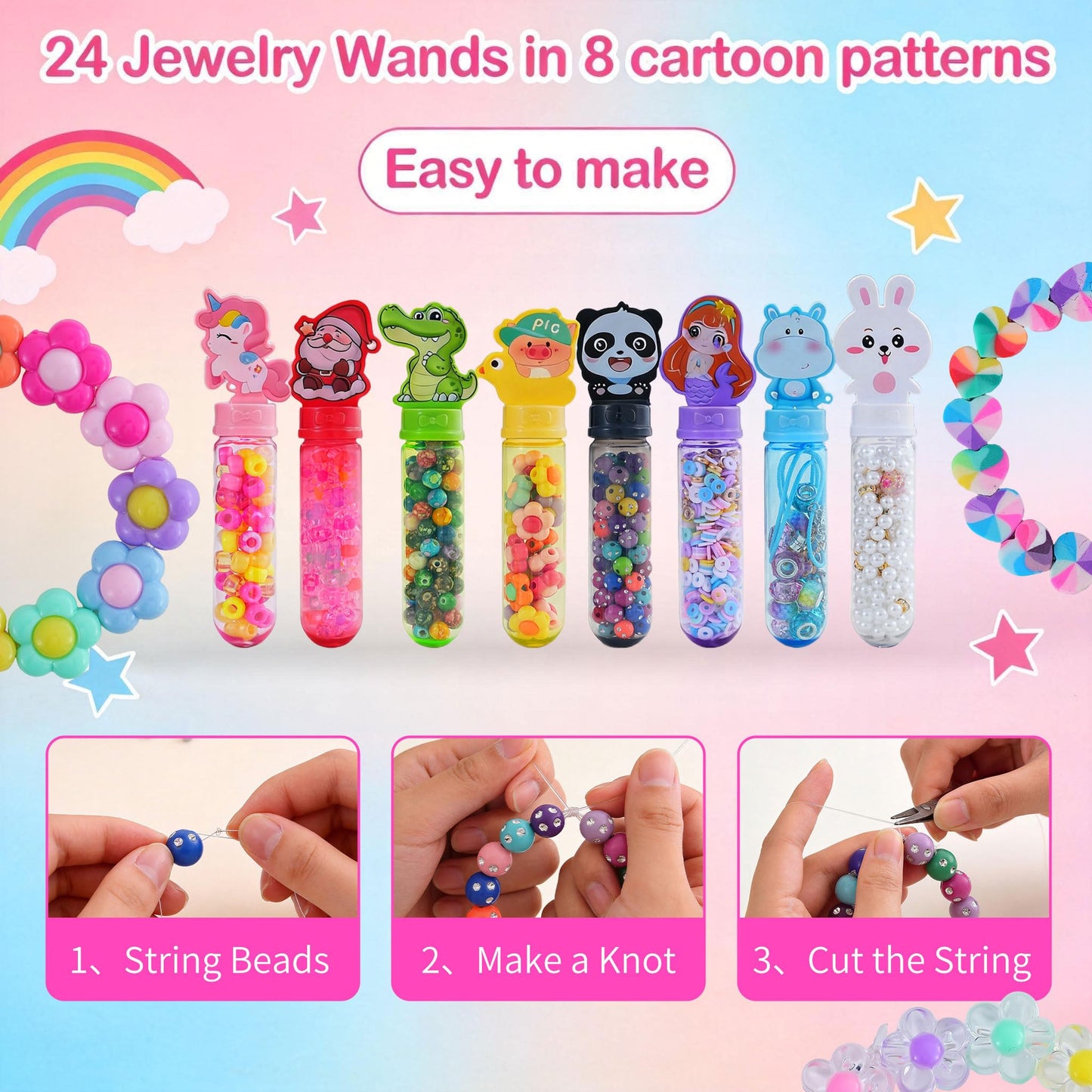 AIPRIDY Creative Beading Kit, Charm Bracelet Jewelry Making Kit for Kids, 24 Styles, 24 Pack Bracelet Wands,Classroom Prizes,Goodie Bags Stuffers, Ages 4+ (Glass+Plastic Mixed)