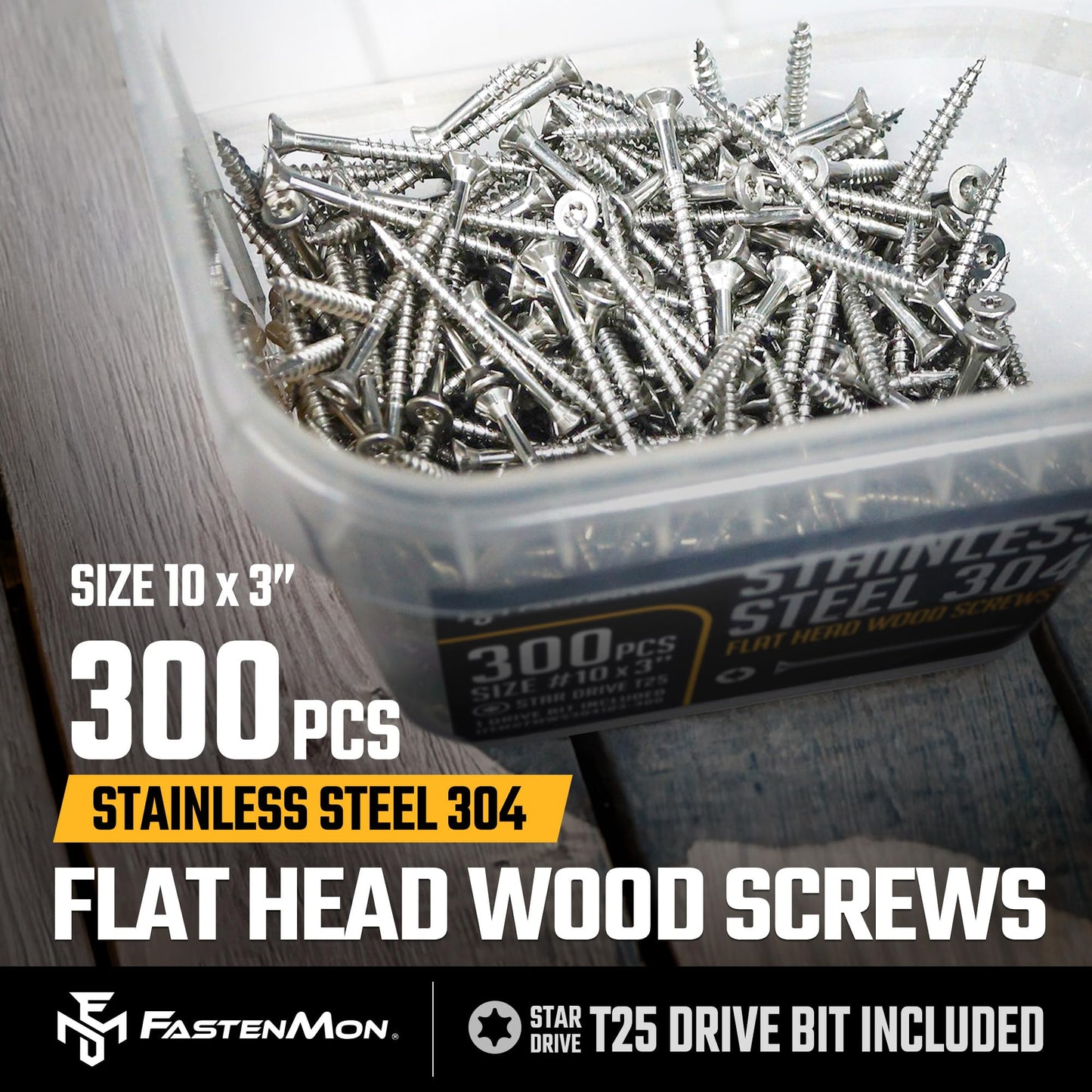 FM FastenMon #10x3 Stainless Steel Deck Screws, 304 Grade, 300 PCS, T25 Star Drive Bit, Ideal for Outdoor Wood Projects, Fences, Benches, Picnic Tables, and Decks, Bulk Box
