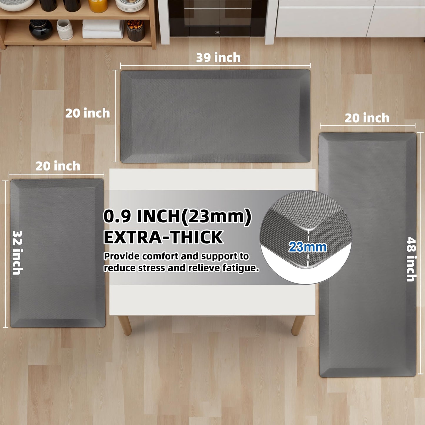 2 PCS Anti Fatigue Kitchen Mats for Floor, Grey 9/10 Extra Thick Cushioned Standing Desk Mat, Comfort Memory Foam Ergonomic Rugs and Mats Non-Slip Waterproof for Office, Kitchen, 20"x32"+20"x48"