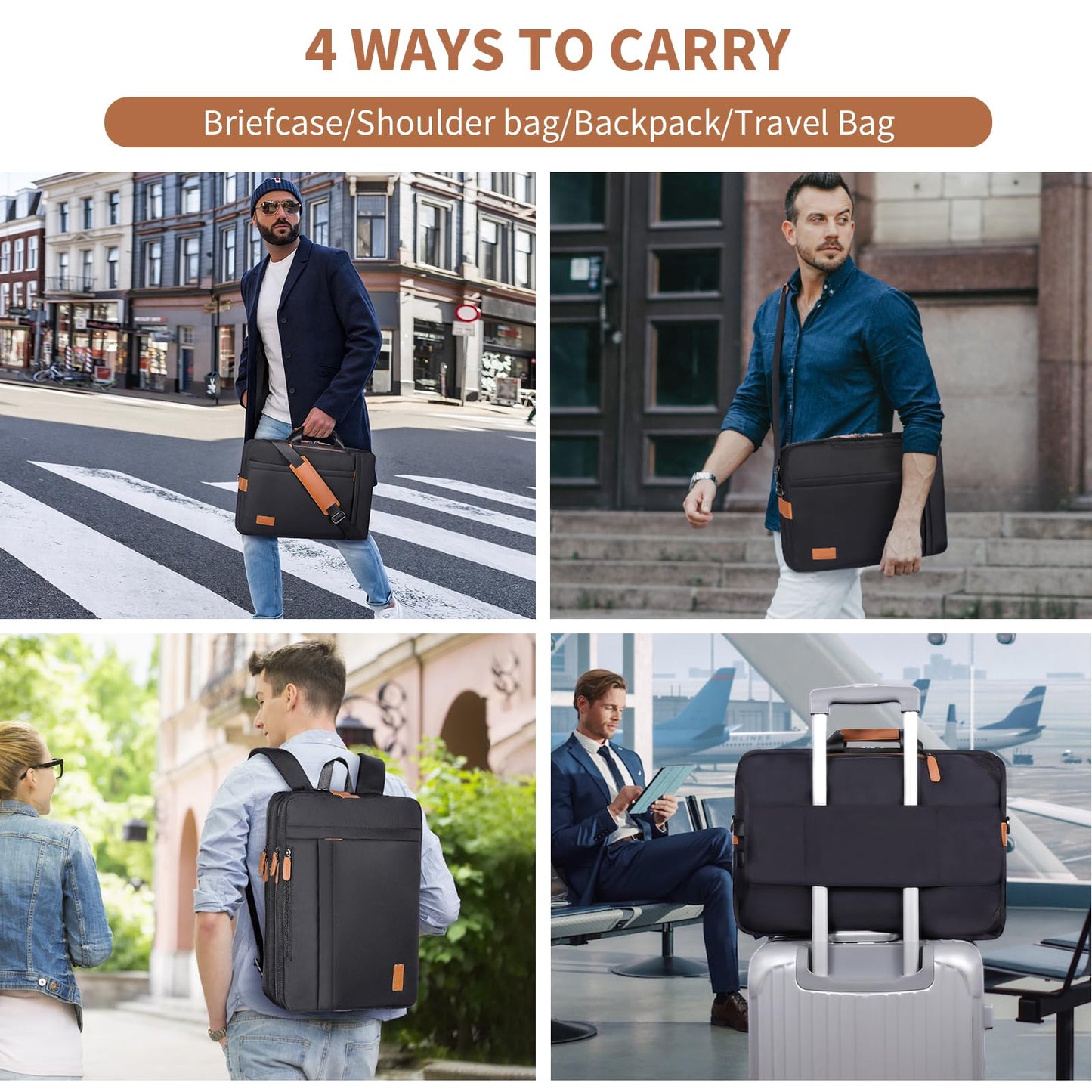 ESTARER 3 In 1 Laptop Bag for Men, 17-17.3 Inch Laptop Backpack Computer Satchel Bag for Work/Travel/Business, Convertible Backpack Briefcase Water resistant Nylon Messenger Backpack (Black)