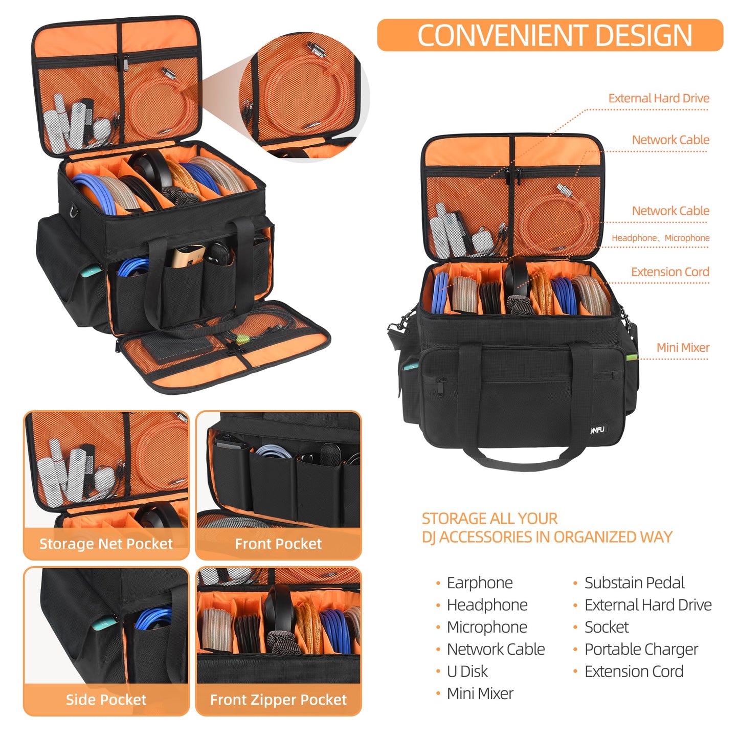 Homfu DJ High Capacity Band Equipment Bag-DJ Gig Gear Bag with Detachable Padded Bottom Dividers,DJ Cable File Storage Organizer Bag for USB,DJ Equipment,Musicians Accessories,Travel,Sound Equipment