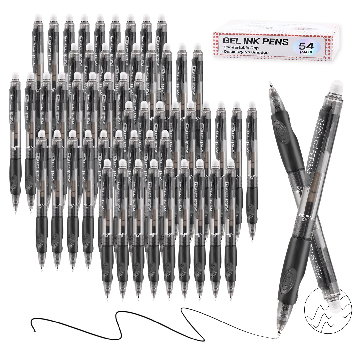 USUAL 54 Black Retractable Erasable Gel Pens Clicker, Fine Point(0.5mm), Make Mistakes Disappear, Premium Comfort Grip, Black Ink for Planners,Smooth Writing Pen Office Back-to-School Supplies