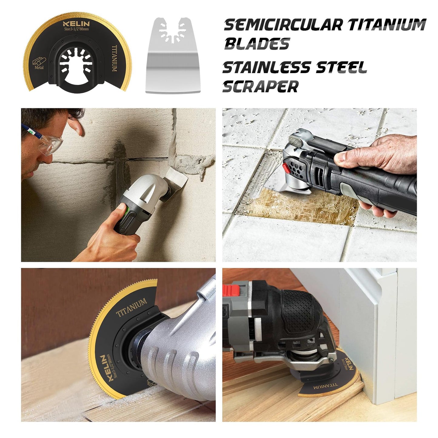 36 PCSTitanium Oscillating Tool Saw Blades with Stainless Steel Scraper and Semicircle Blades Kit, Universal Multi Tool Blades for Light Metal Sheet Pipe and Wood (NOT for Star Lock Interface)