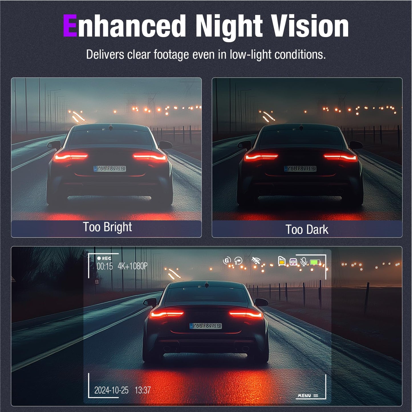 3 Channel 4K Dash Cam with 5GHz WiFi & APP Control, 4K/2.5K+1080P+1080P Front Inside and Rear, Triple Dash Camera with 64GB Card, G-Sensor, 24 Hours Parking Mode, Loop Recording, Night Vision