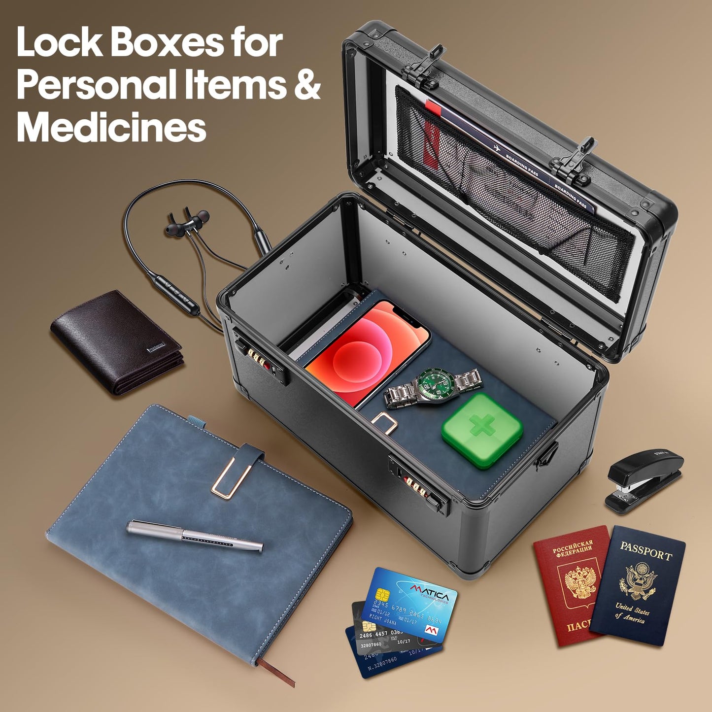 LOCKCURX Large Lock Box - Security Combination Lock Box, Locking Storage Case for Personal Items and Medicine, Childproof Lockable Lockbox for Home/Office/School, 11.2x7.4x6.8 Inch, Black