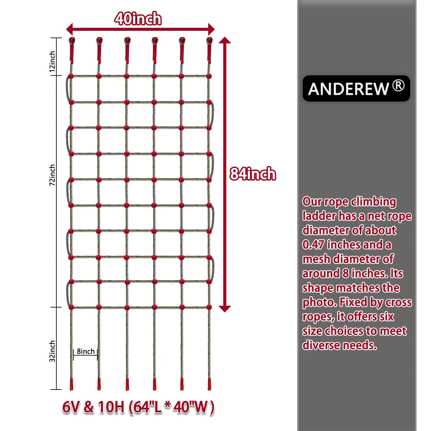 ANDEREW Premium Heavy-Duty Climbing Net & Rope Ladder - 6 Sizes, Versatile for Indoor/Outdoor, Kids' Jungle Gyms, Swingset, Treehouse, Safety Protection Net (5V & 12H (100" L x 32" W))
