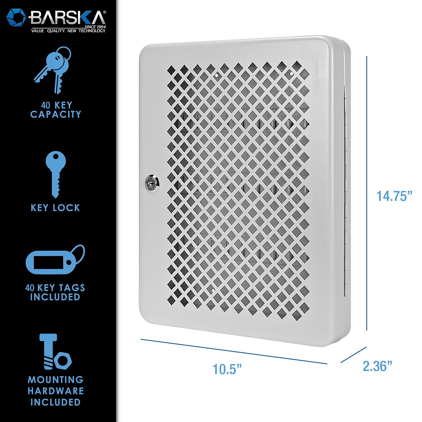 Barska Box with Numbered Hooks Lock Cabinet with Green Tags, 40 Keys, Grey