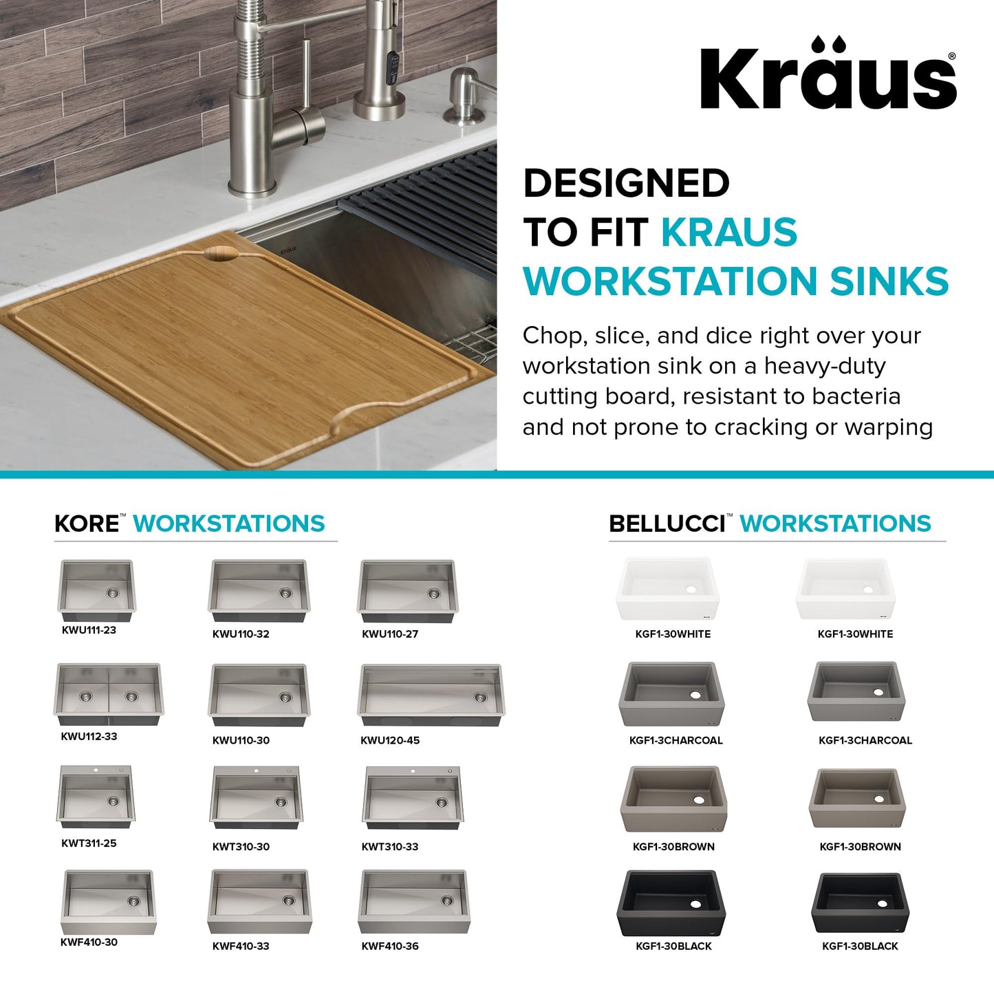 Kraus Kore Solid Bamboo Cutting Board for Workstation Kitchen Sink (16 3/4 in. x 12 in.), KCB-WS103BB