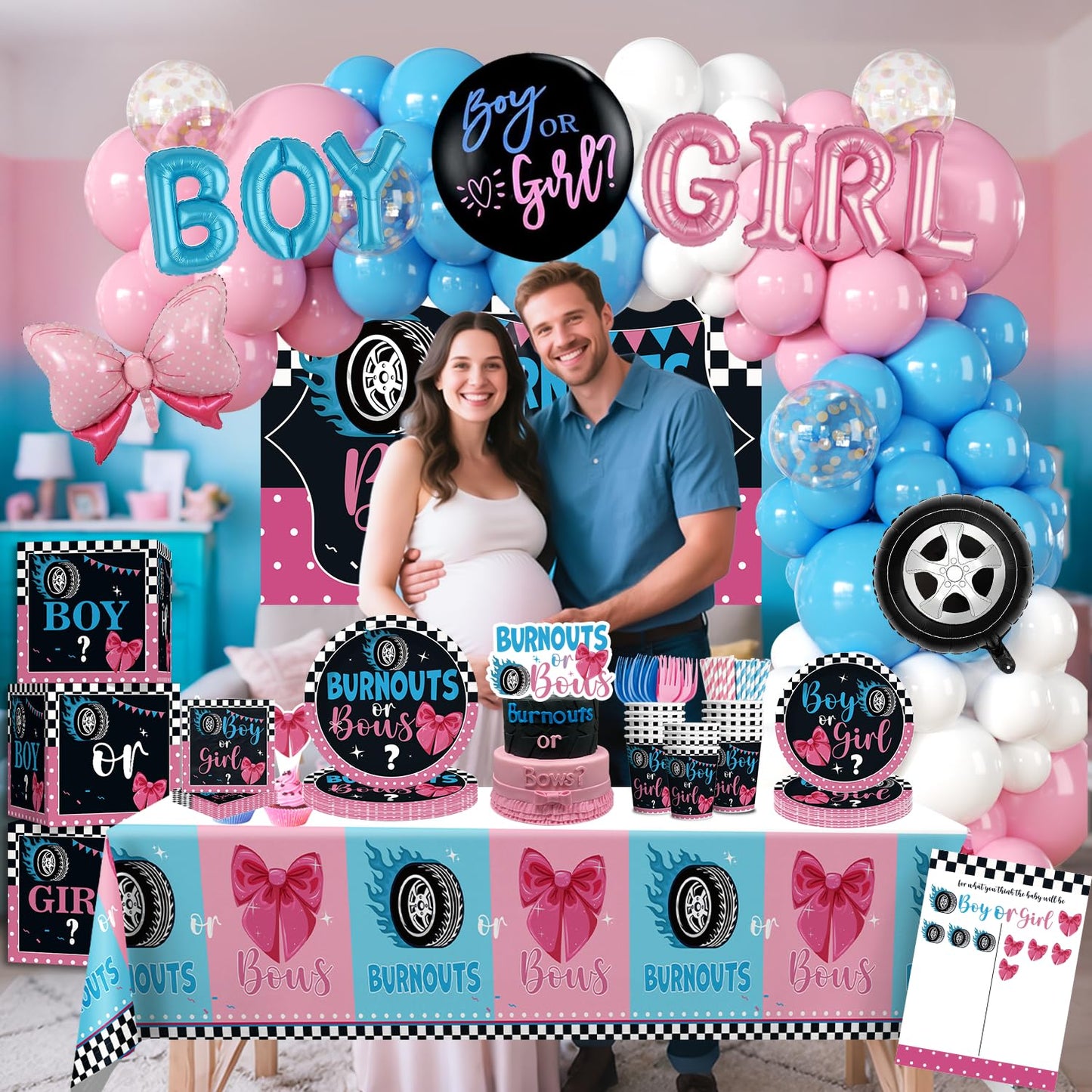 Cocomigo 287pcs Burnouts or Bows Gender Reveal Decorations, One-stop Baby Gender Reveal Decorations Include Burnouts or Bows Plates Backdrop Tablecloths Balloon and Stickers