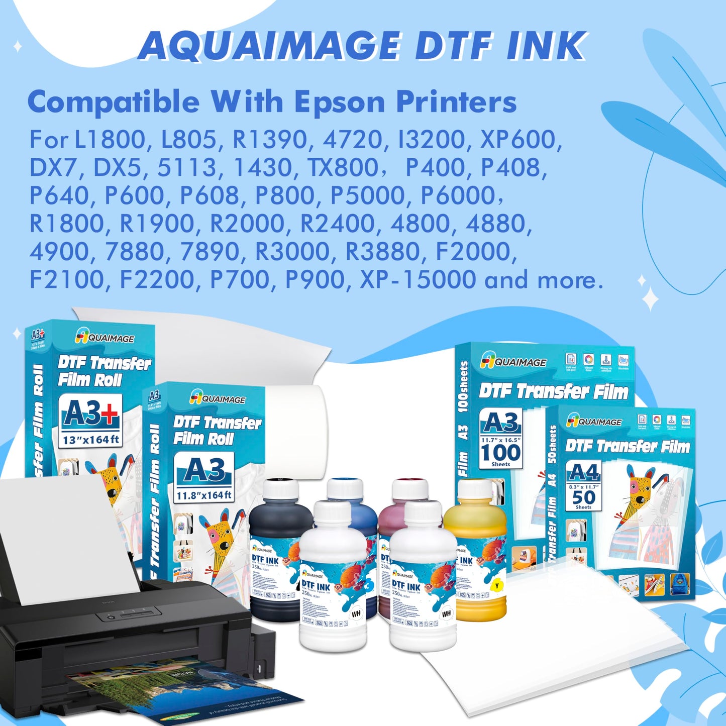 Aquaimage Dtf Ink 1500ml Dtf Printer Ink for Epson ET8550,L1800,XP15000, Bright Colors,DTF Transfer Ink for Pet Film, Refill Ink for P400, P800, P600, DX5, XP600. (250ml x 6, 2Wh+BKCMY)
