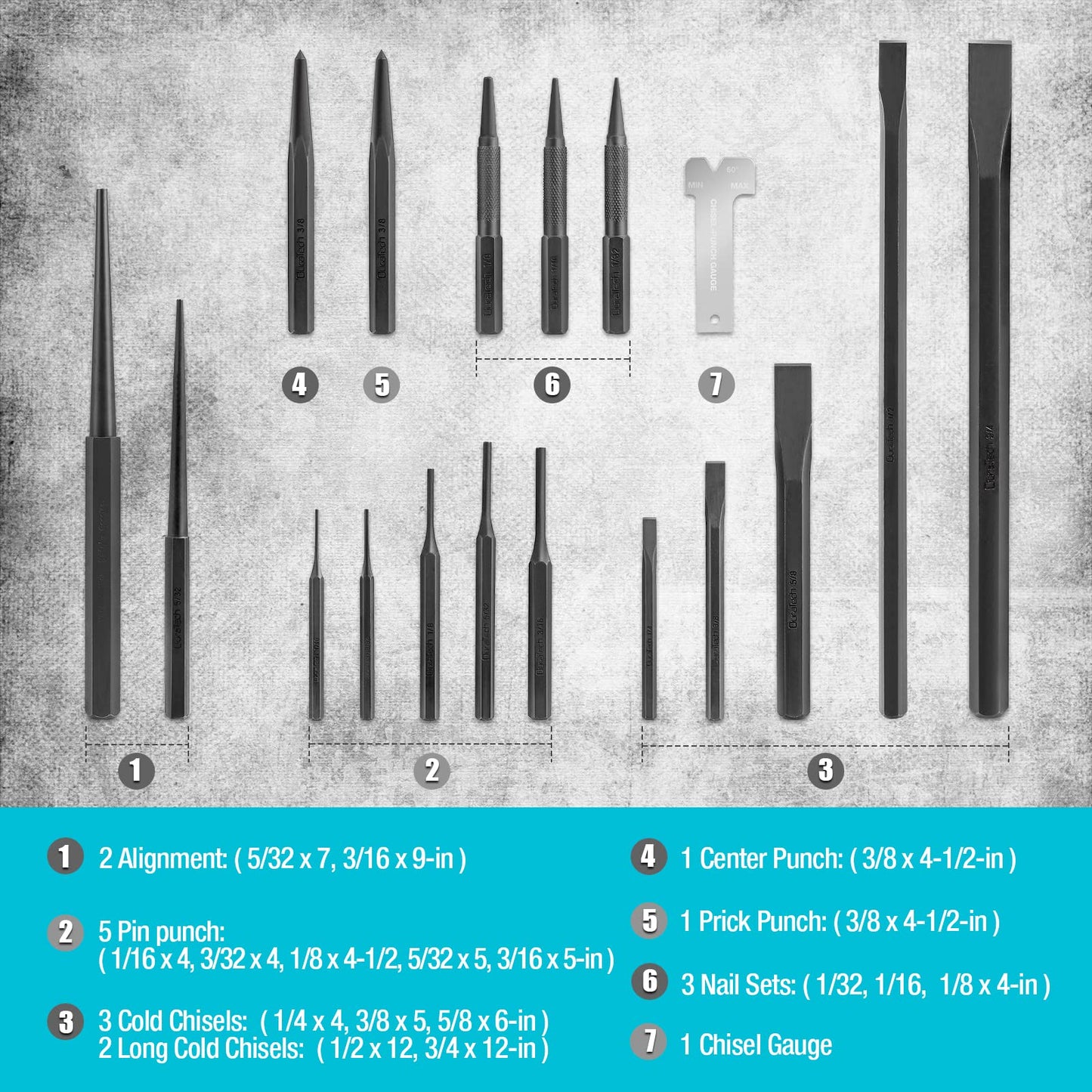 DURATECH 18 Piece Punch/Chisel/Alignment Tool Set, Including Pin Punch, Center Punch, Nail punch, Alignment Tool, Cold Chisel, Chisel Gauge, for Removing Repair Tool, with Rolling Pouch