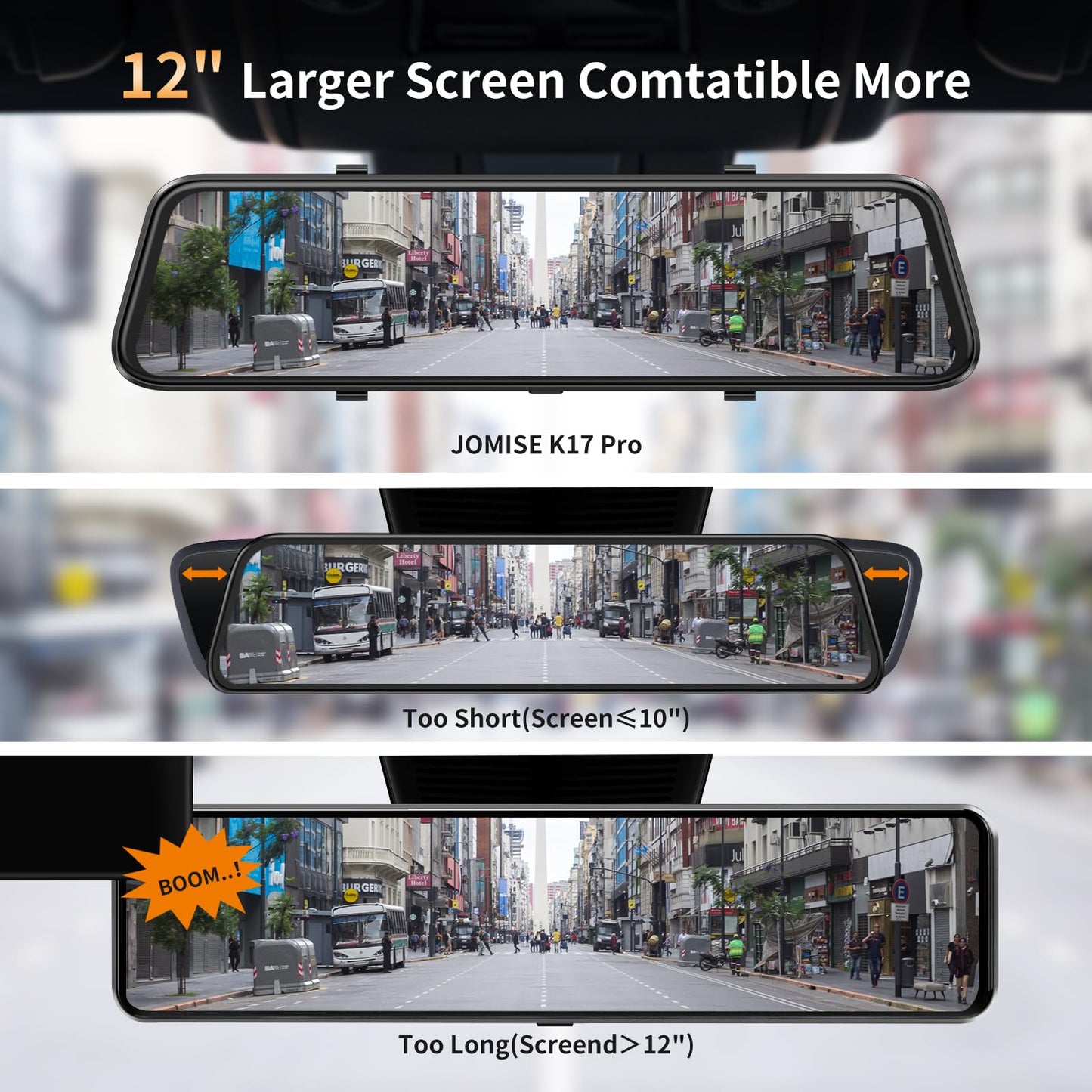 2.5K Mirror Dash Cam with Carplay Mirror & Android Auto, Dash Cam Front and Rear with Zoom Function,12 inches Rear View Mirror Camera with Voice Control/BT Call/64GB Card Included-JOMISE K17 Pro