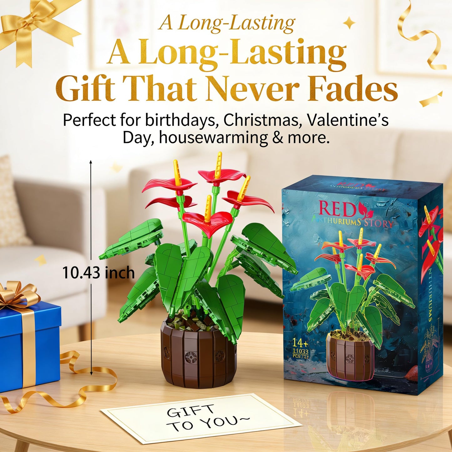 Red Anthurium Flowers Building Set with Vase for Adults, Compatible with Lego Botanicals Collection, Cute Potted Plants Desk Office Décor, Creative Flores Gift for Women Girls Teens 14+, 732 PCS
