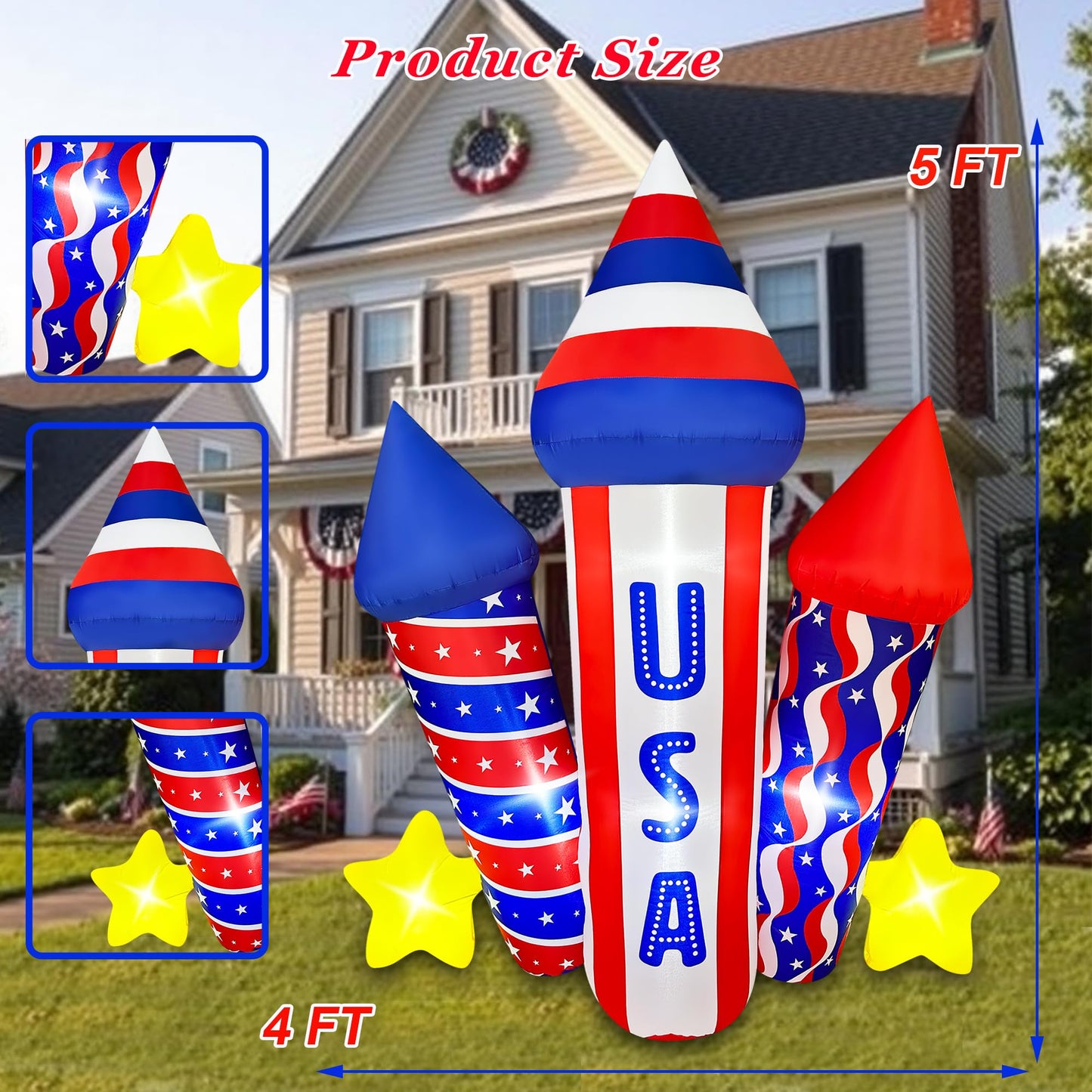 SEASONBLOW 5 Ft 4th of July Inflatables USA Rocket Decoration, LED Lighted Patriotic Independence Day Blow Up Firecracker Decor for Lawn Yard Garden Home Memorial Day 250th Anniversary