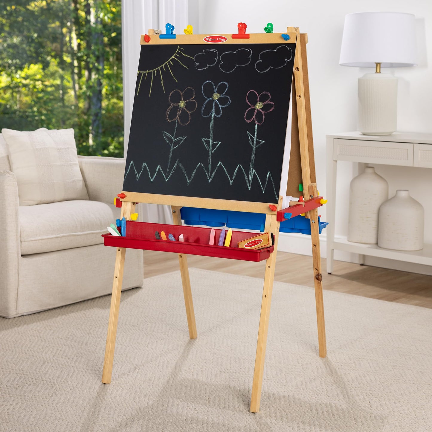 Melissa & Doug Deluxe Wooden Art Easel for Kids with Dry-Erase Board, Chalkboard & Drawing Paper Roller, Folding Double-Sided Toddler Easel, Preschool Learning Toys for Girls & Boys Ages 3