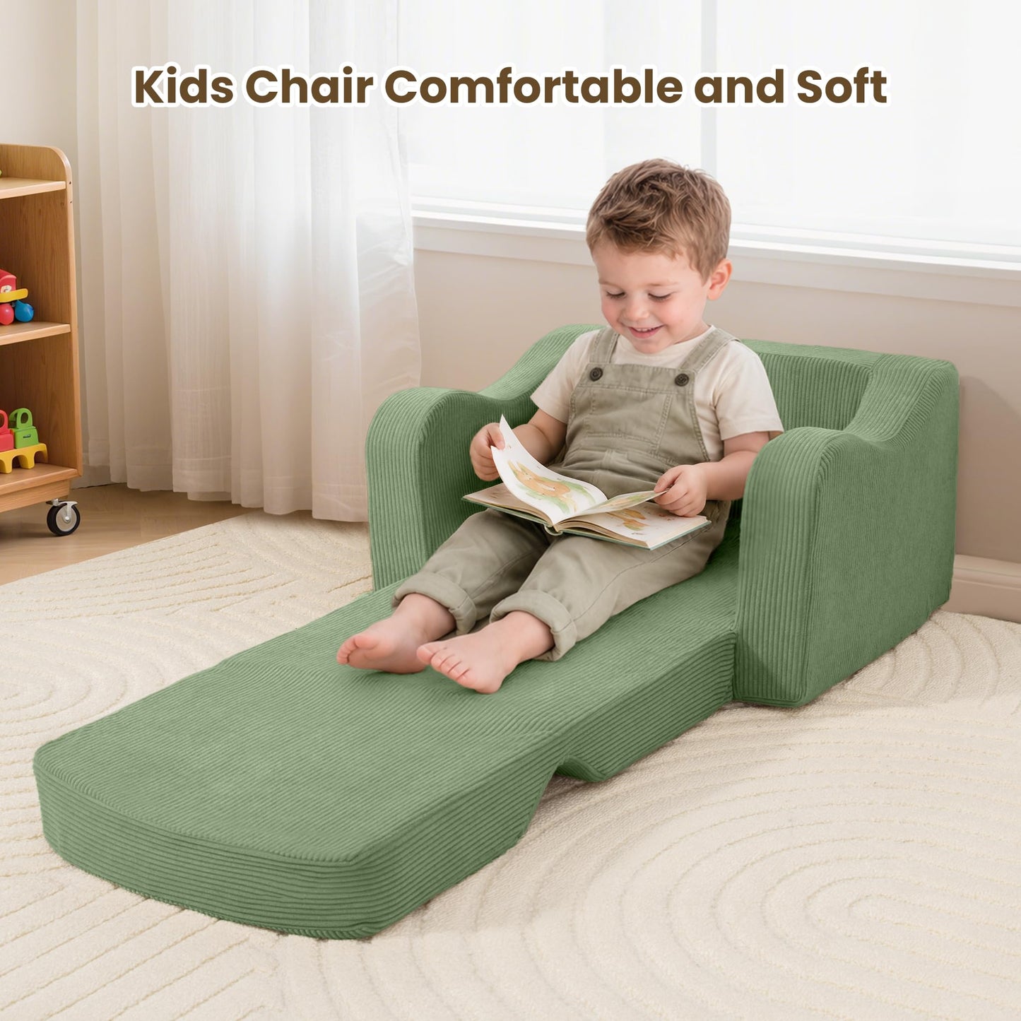 Airpanda Comfy Kids Chair and Couch, 2-in-1 Convertible Kids Sofa, Soft Fold-Out Design, Removable Washable Cover, Green