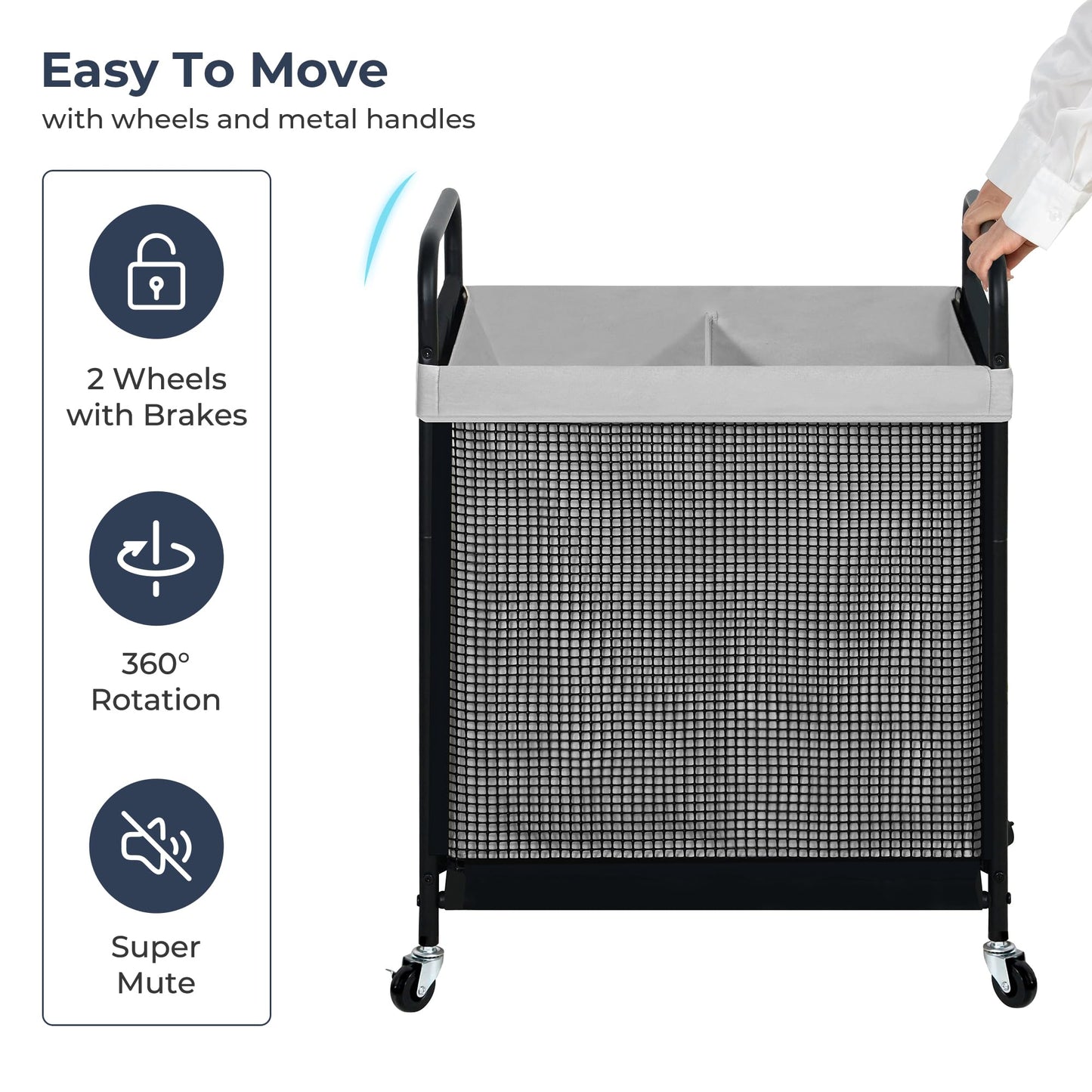STO STO Laundry Hamper 2 Section, 100L Rolling Laundry Sorter Cart with Removable and Washable Liner Bag, Clothes Hamper with Wheels and Metal Handle for Laundry Room and Bedroom, Gray