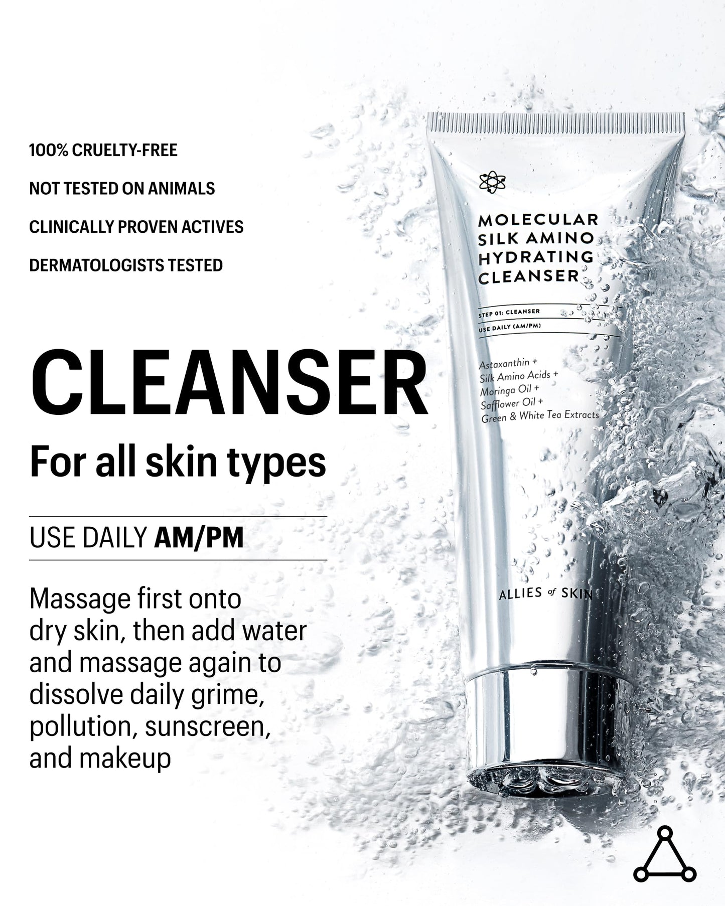 Allies of Skin Molecular Silk Amino Hydrating Cleanser: Hyaluronic Acid, Ceramides, Safflower & Moringa Oils. Nourishes, Conditions & Repairs 100 ml/2.4 oz