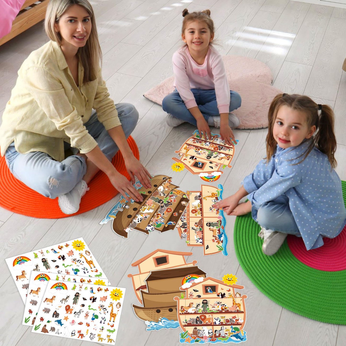 Tenceur 24 Sets Noah's Ark Sticker Scene Including 24 Pcs Noah's Ark Backgrounds and 24 Sheets Animal Stickers, Sunday School Crafts Decorations for Classroom Activities
