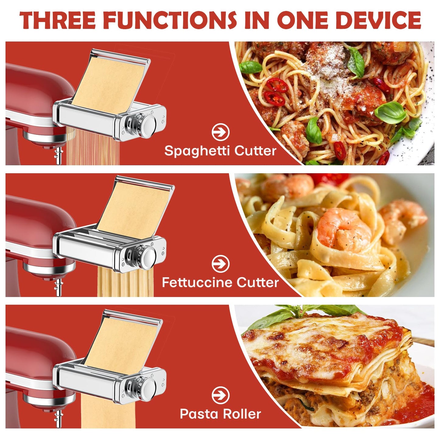 3-in-1 Pasta Attachment for KitchenAid Stand Mixer - Stainless Steel Pasta Maker includes Roller, Spaghetti & Fettuccine Cutters | Professional Pasta Accessories for Homemade Noodles & Italian Cuisine