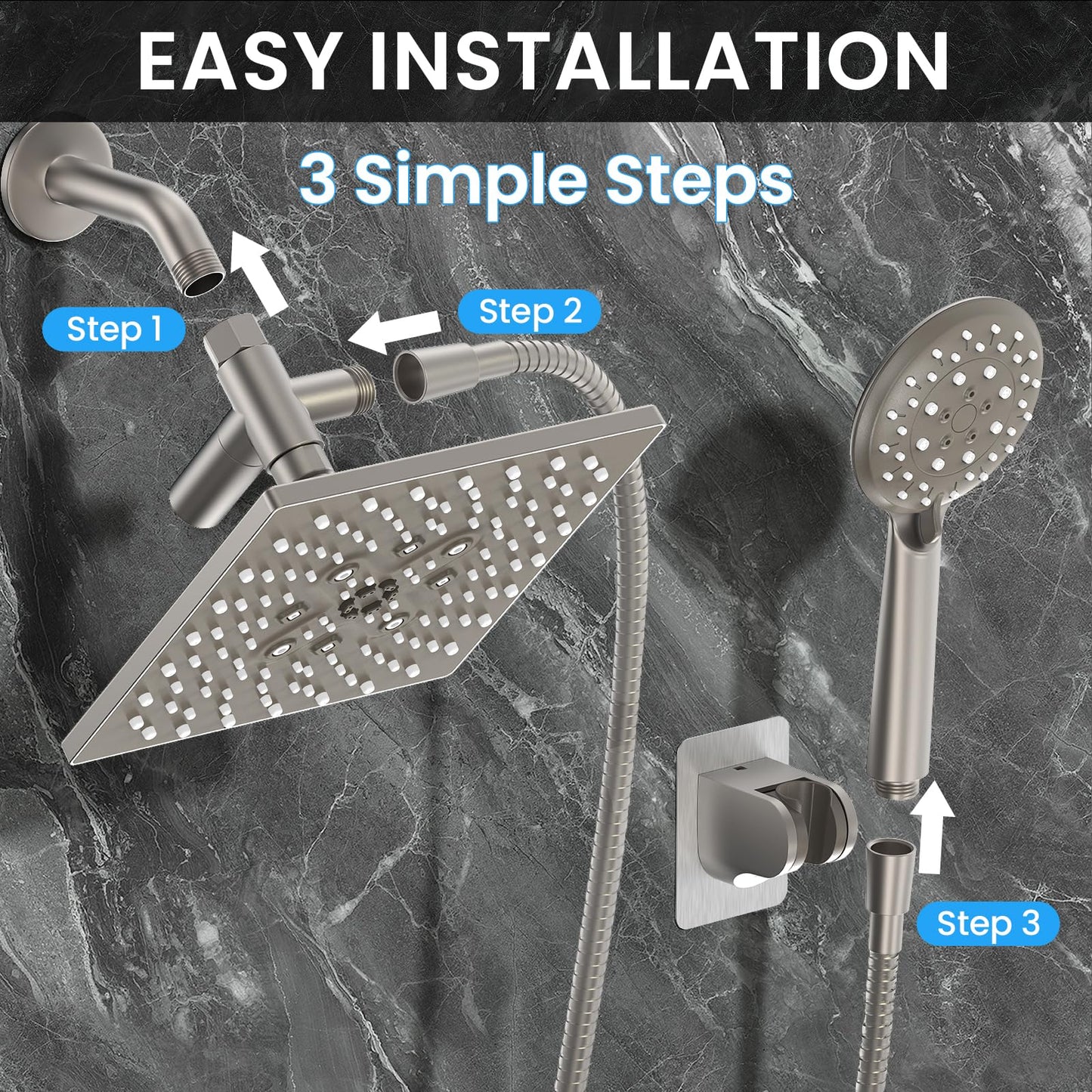 Veken High Pressure Rain Shower Head with Multi-Functions, Square Rainfall Shower Heads with 5-Mode Handheld Spray Combo, Detachable Hand Held Showerhead with Hose, Double Regaderas Para,Starlight