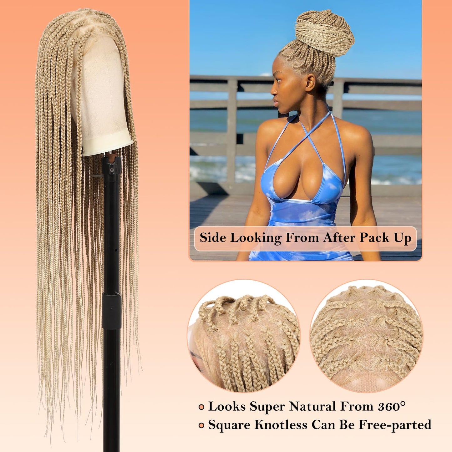 Brinbea 360° HD Full Lace Knotless Braided Wigs for Women Box Braid Wig with Baby Hair Braided Lace Front Wigs Human Hair Blended Braids Wig Long Blonde 36"