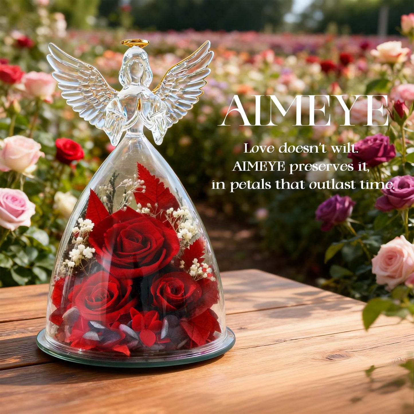 AIMEYE Birthday Gifts for Wife and Girlfriend, Red Preserved Roses in Glass Angel Figurine, Romantic Birthday Gift for Her, Love Keepsake