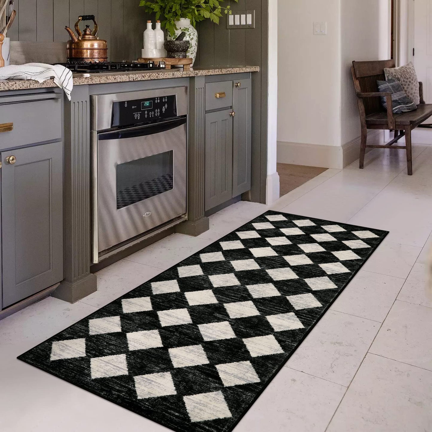 Lahome Moroccan Trellis Runner Rug - 2x6 Washable Black Bathroom Runner Rug Laundry Room Carpet Runners, Modern Soft Non Slip Indoor Floor Accent Mat for Bedside Kitchen Hall Bar Entryway RV