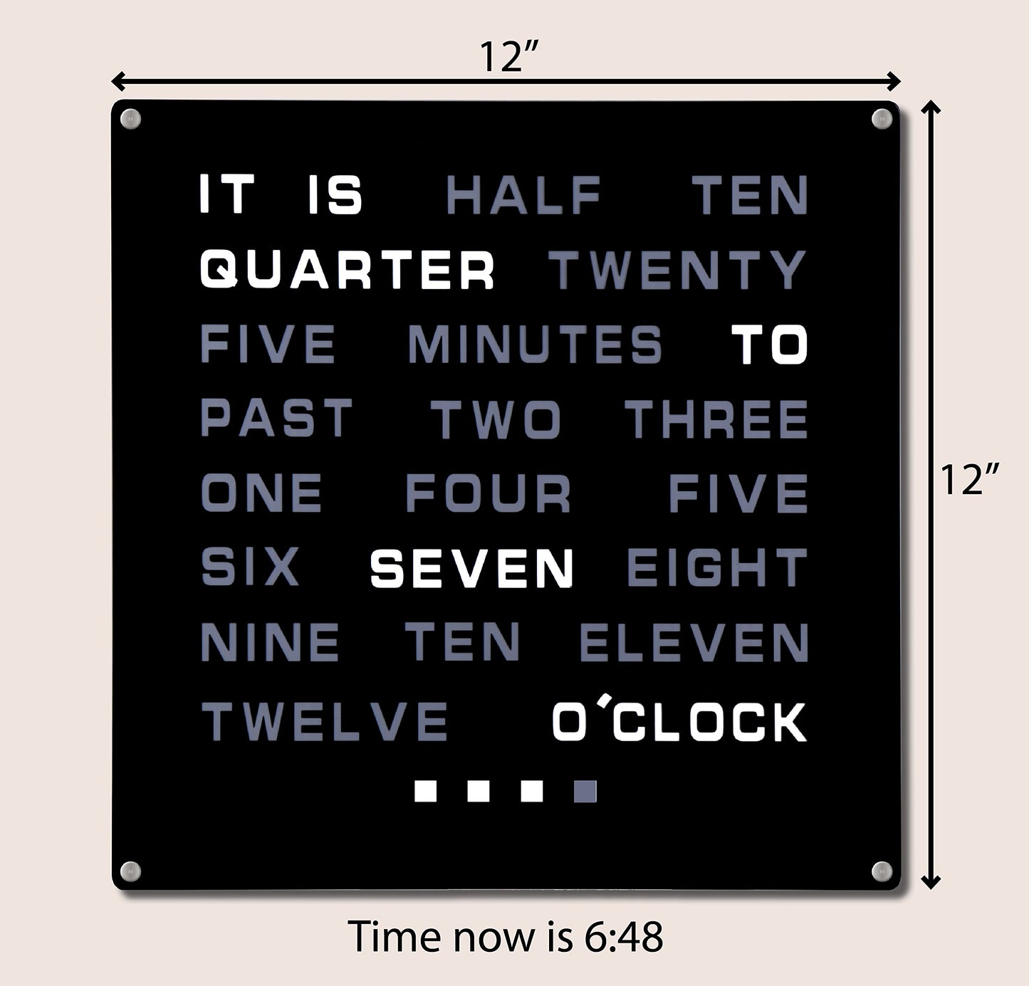 Tech Tools LED Word Clock - Displays Time as Text - Powered by AC Adapter (12" x 12")