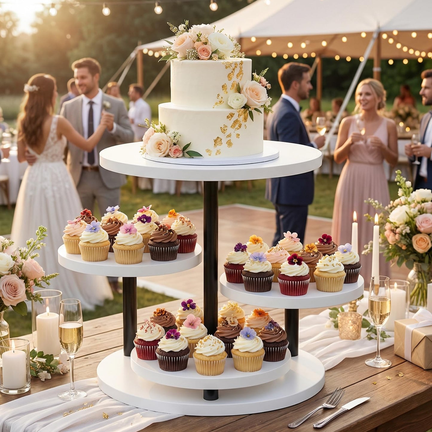 FZGhome Dessert Stands for 50 Cupcakes 360°Rotating Wood Cupcake Stands Wedding Cake Stand 4 Tiered Cookie Serving Trays for Party Birthday Baby shower Afternoon Tea Dessert Table, White