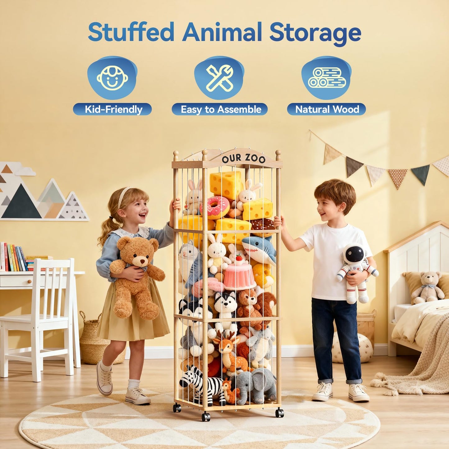 Jumvix Stuffed Animal Storage Zoo Tower, Large Capacity Wooden Stuffed Animal Holder with Wheels, Space-Saving Toy Storage Organizer, Stuffy Plushies Storage for Nursery, Playroom & Bedroom